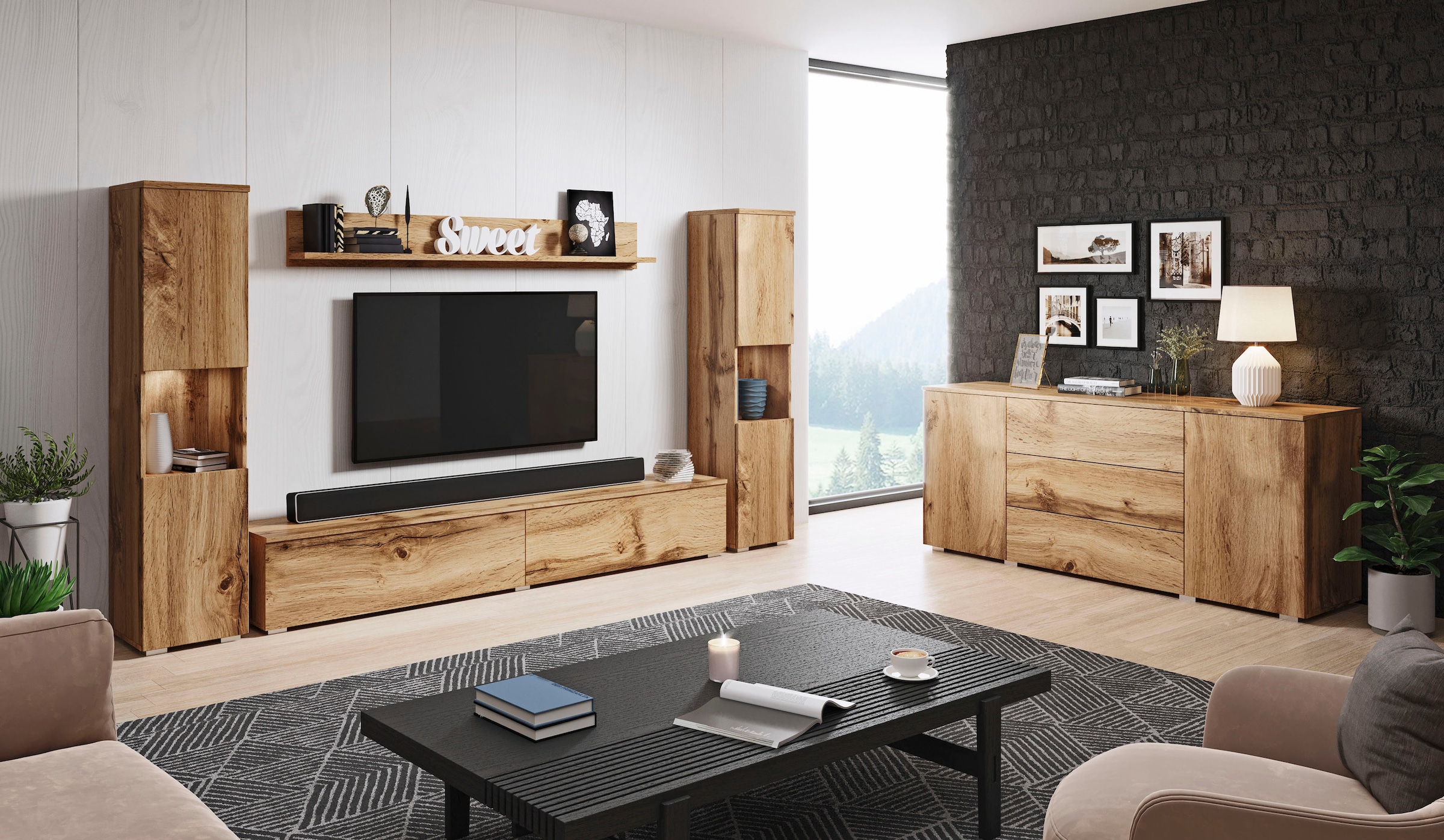 INOSIGN Wohnwand »PARIS«, (Komplett-Set, 4 St.), TV-Wand 260cm breite, grifflose Design, stehend und hängend montierbar