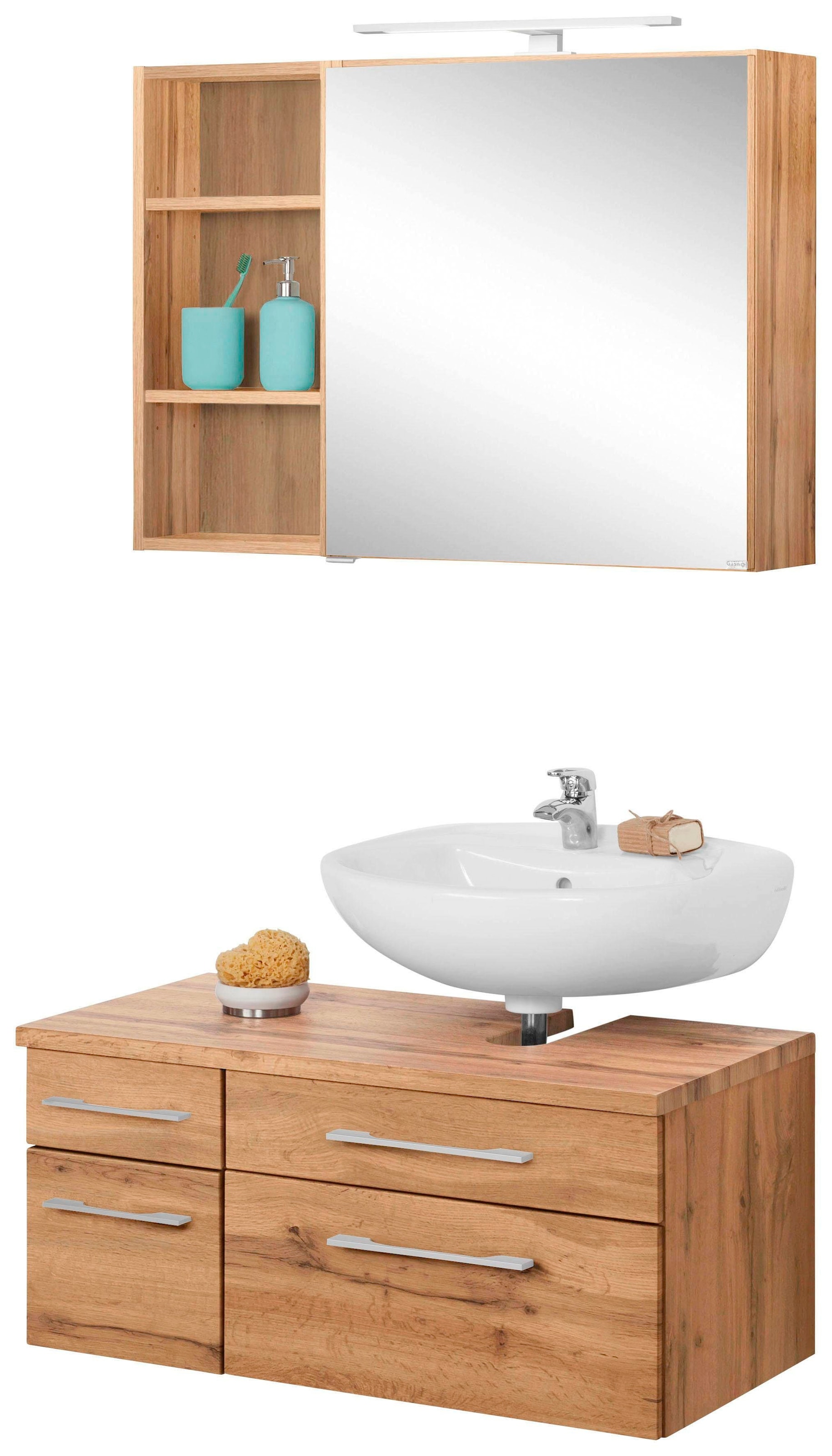 Spiegelschrank, und Rechnung Badmöbel-Set Waschbeckenunterschrank auf bestellen St.), (3 Regal »Davos«, MÖBEL HELD