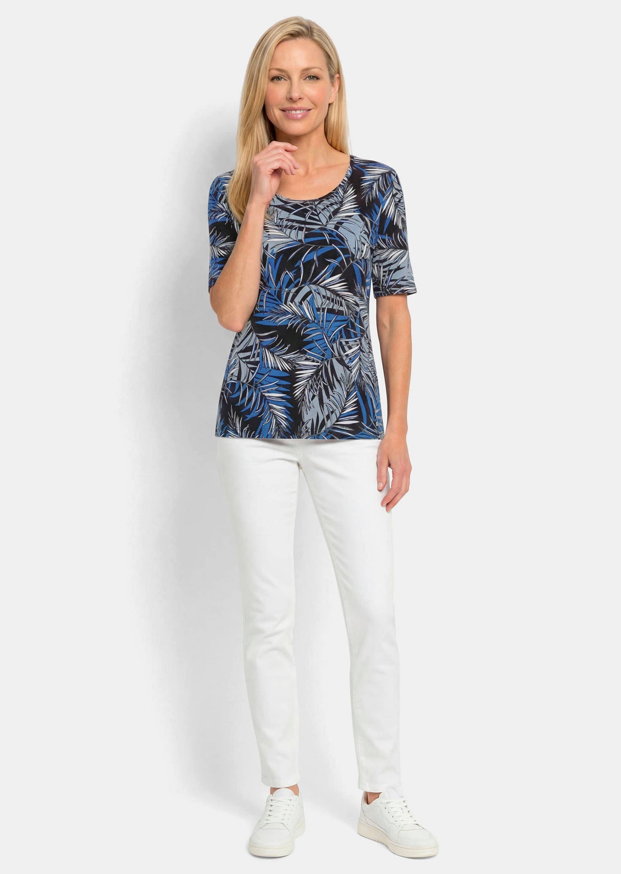GOLDNER Kurzarmshirt »Kurzgröße Viskoseshirt mit Palmenprint« stretchbequemer Viskosejersey