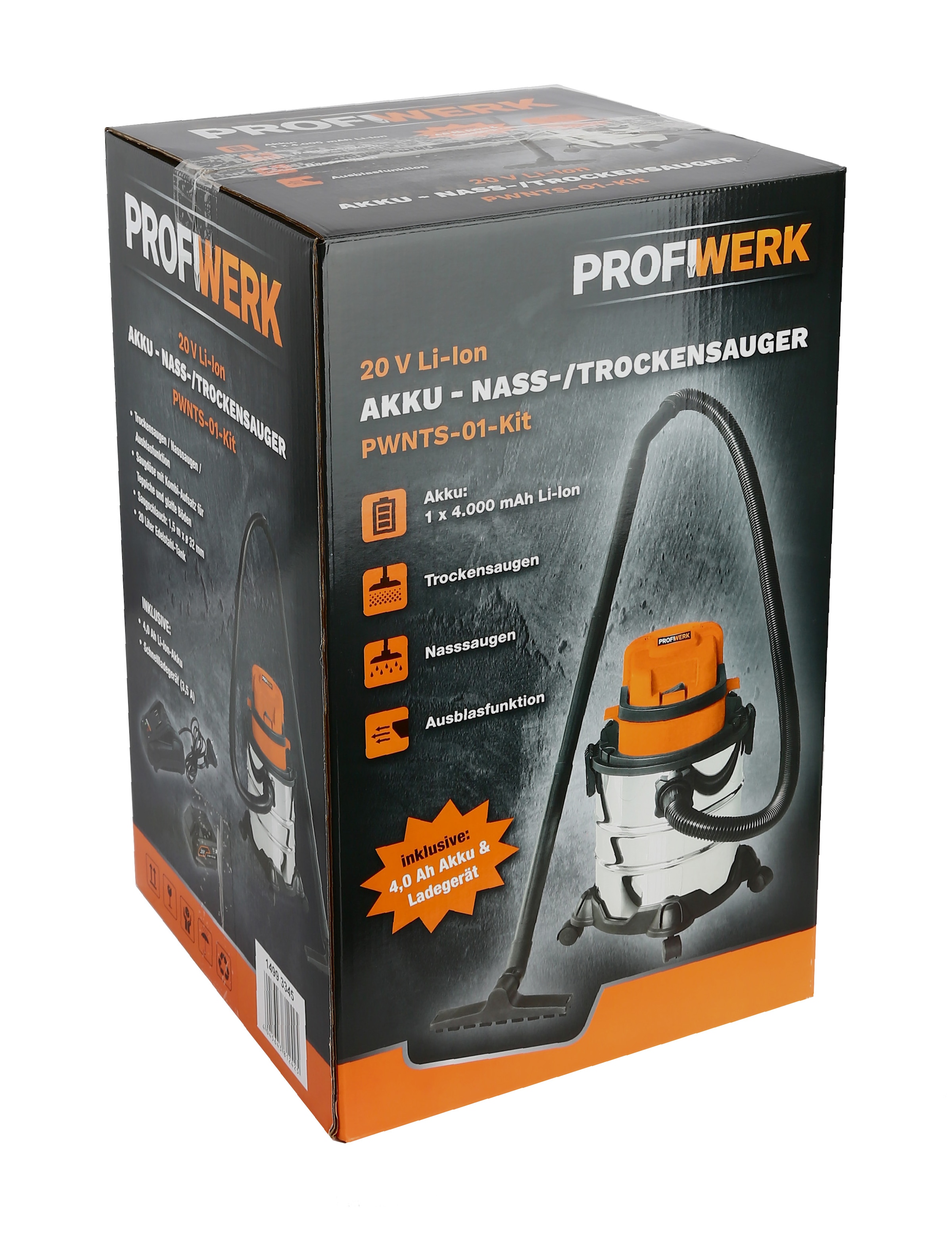 Profiwerk Nass-Trocken-Sauger »PWNTS-01-Kit Akku-Sauger 20V, 20l, 8,0 Kpa«, Ausblasfunktion, 4,0Ah Akku, Ladegerät