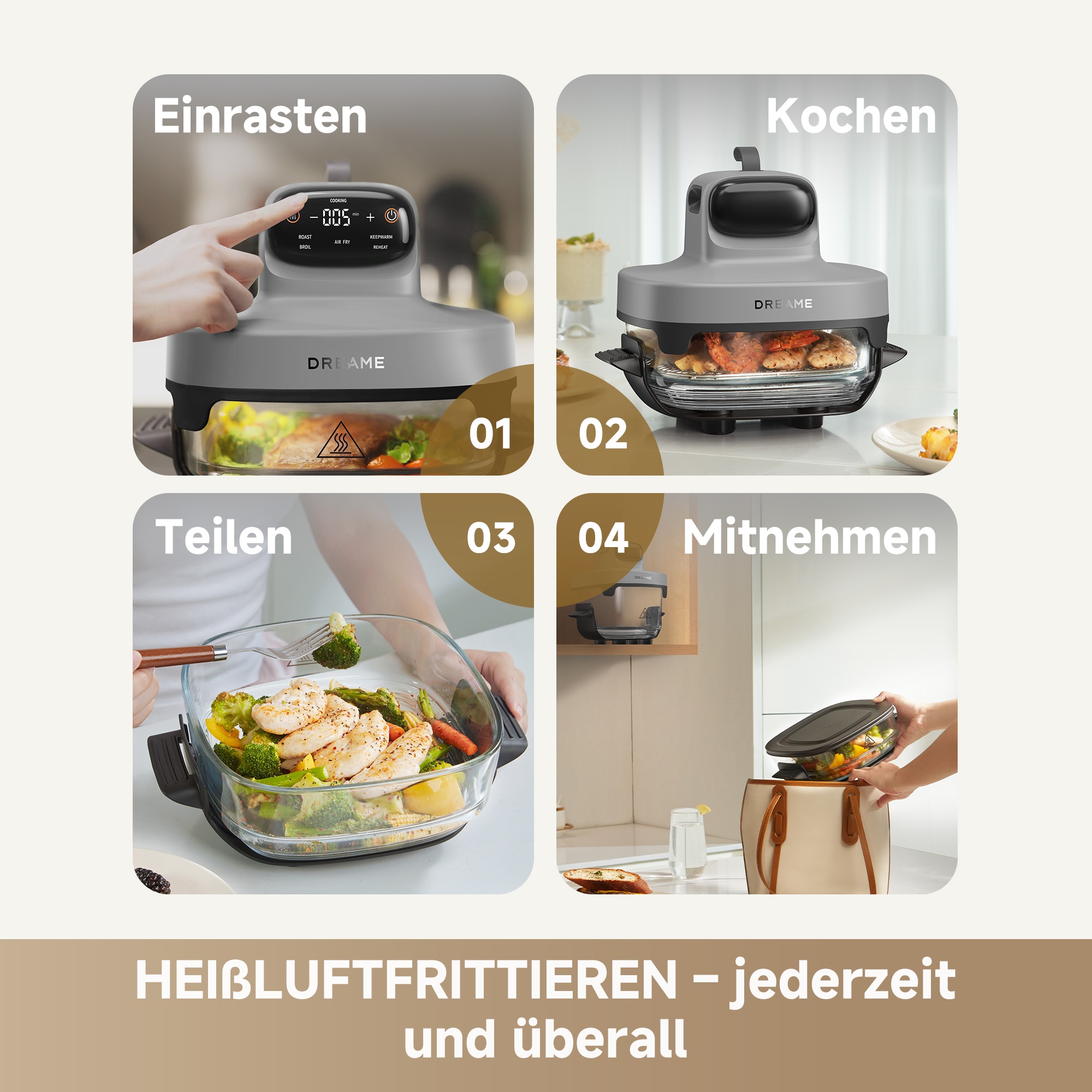 Dreame Heißluftfritteuse »Tasti PT60« 1500 W 2 Glasbehälter, 1500 Watt, Fritierplatte