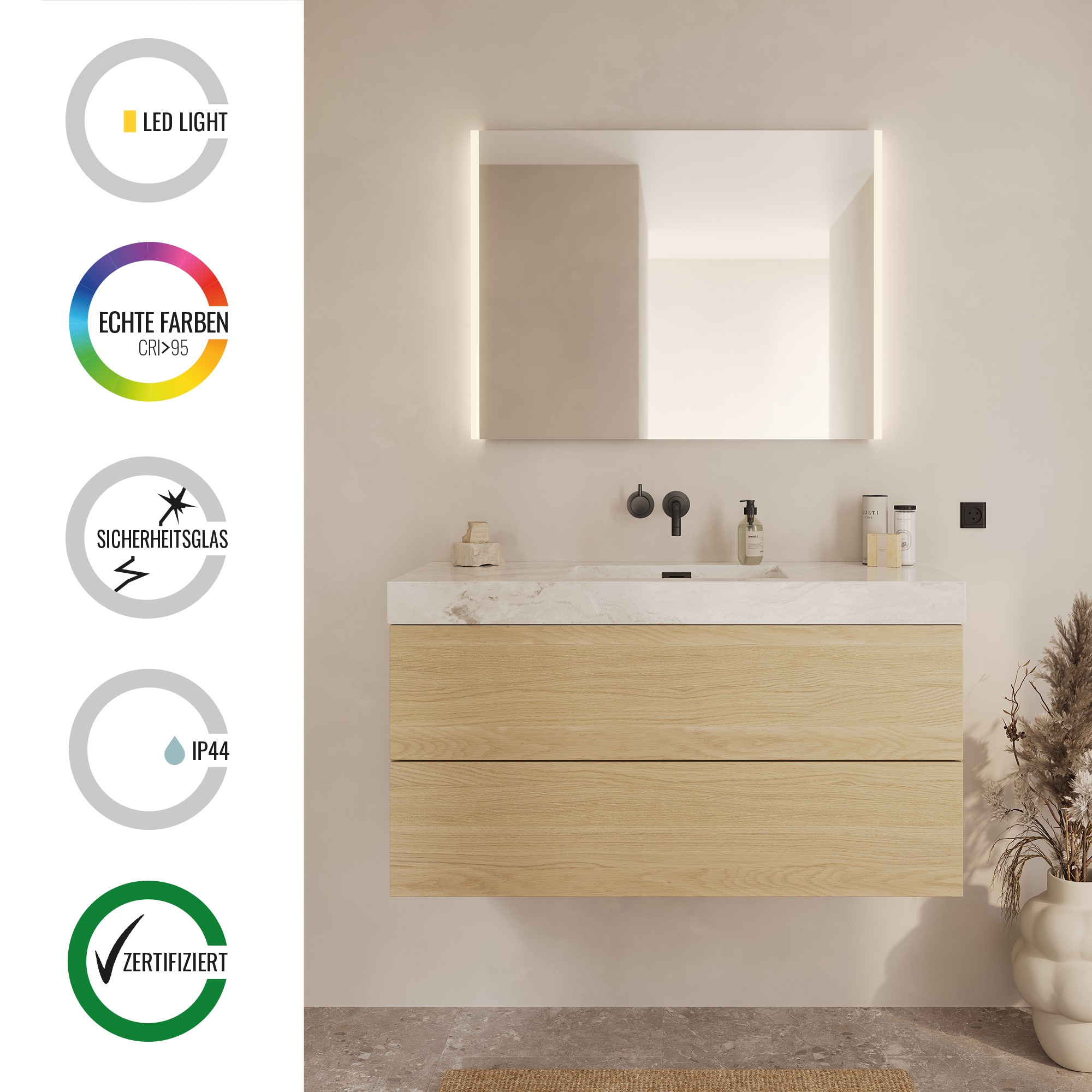 Loevschall Badspiegel »Lago, Spiegel Bundle inkl. Schminkspiegel, Badezimmerspiegel«, x5 Kosmetikspiegel, LED Beleuchtung, Einstellbar, Dänisches Design