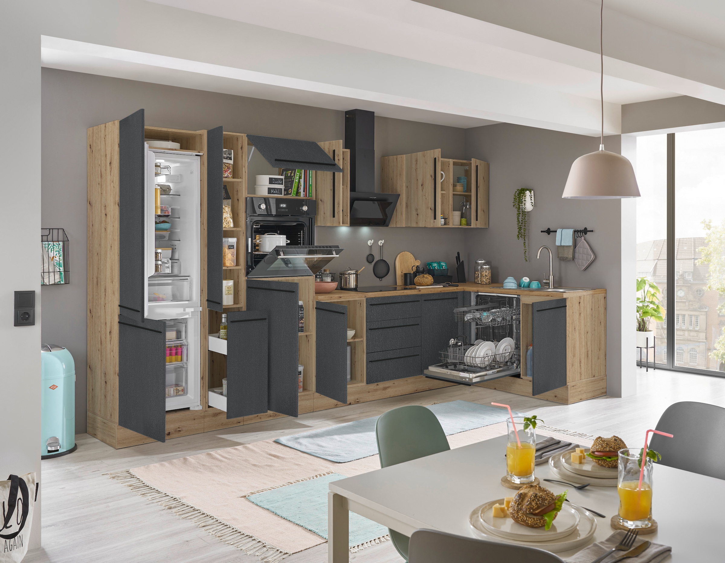 KOCHSTATION Winkelküche »Florida, Stellbreite 370x175 cm« wahlweise mit E-Geräten, mit Softclose für Türen und Schubkästen