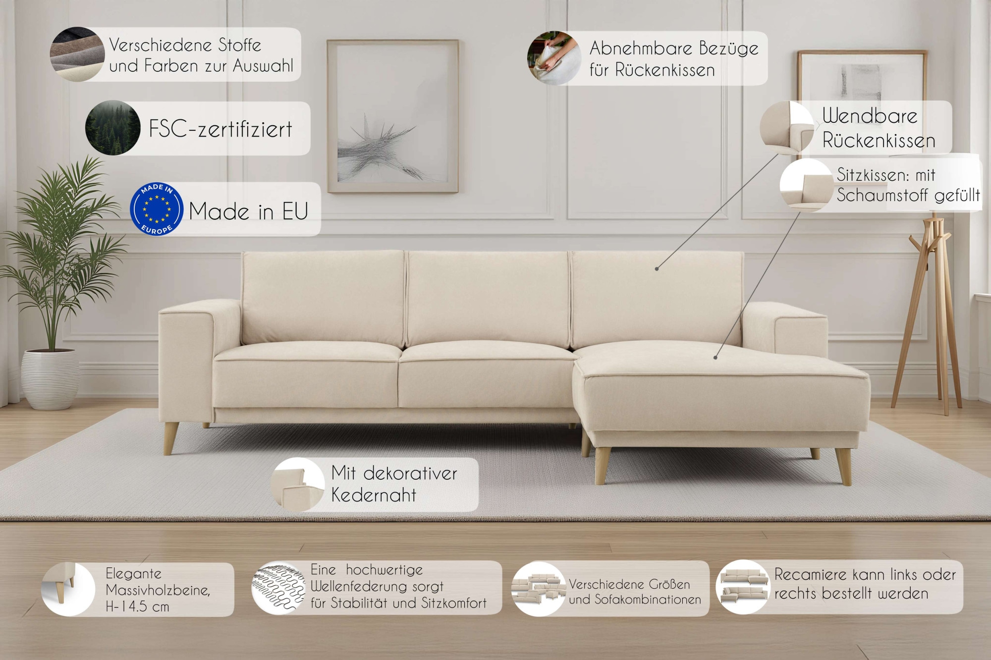 OTTO home Ecksofa »Oland Skandi, weicher Chenille-Stoff« L-Form, 280 cm, Wellenunterfederung, Skandi-Design, Massivholzfüße