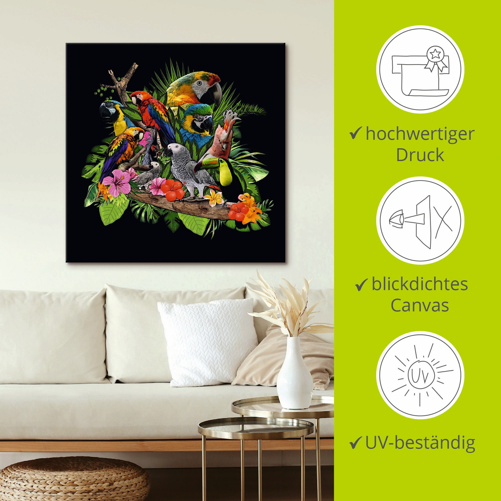 Artland Wandbild »Papageien Graupapagei Kakadu Dschungel«, Vögel, (1 St.), als Alubild, Outdoorbild, Leinwandbild, Poster, Wandaufkleber