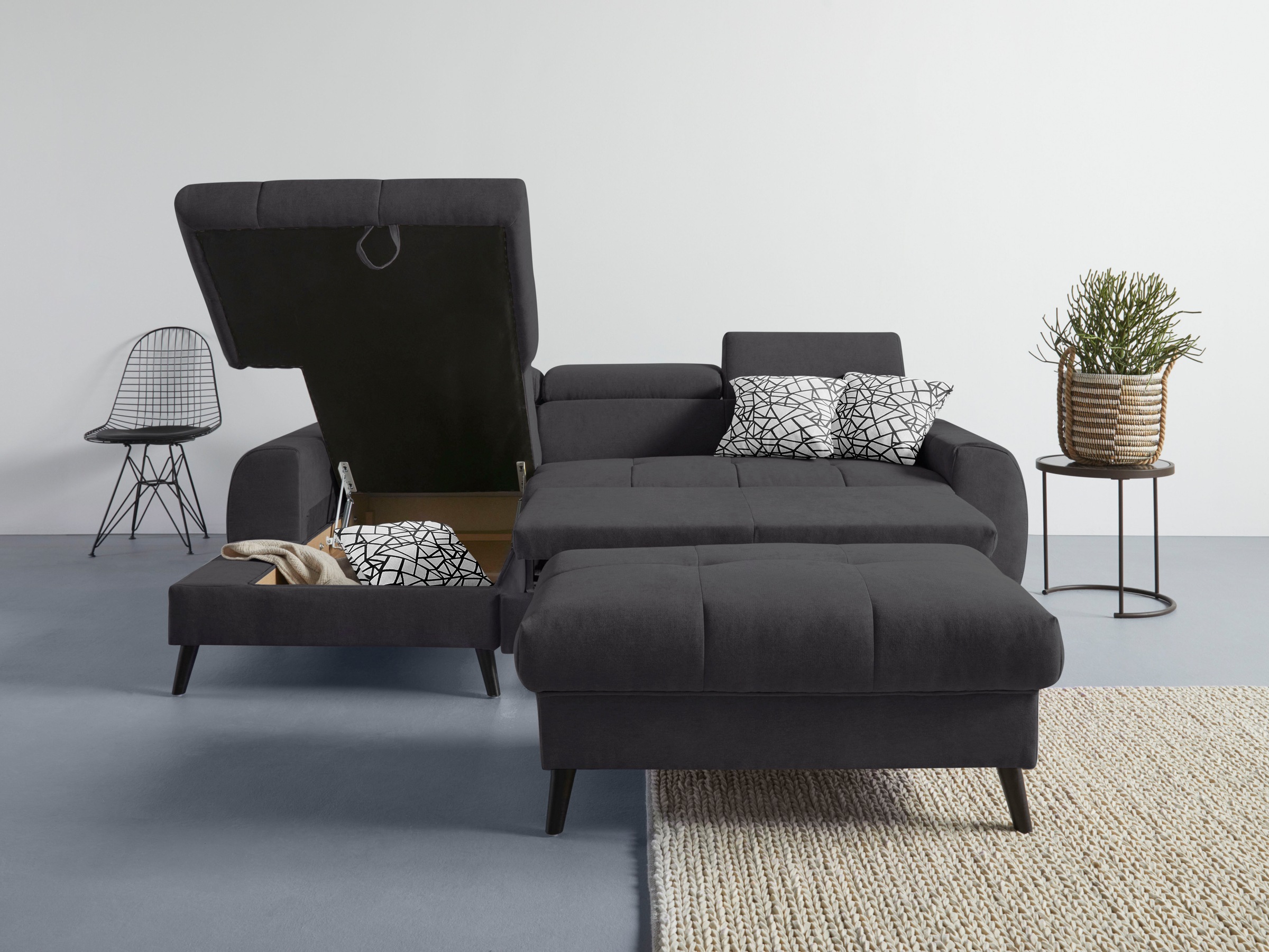 COTTA Ecksofa »Mia L-Form mit 3 Zierkissen«, wahlweise mit Bettfunktion, Bettkasten, Beleuchtung & Wireless-Charger