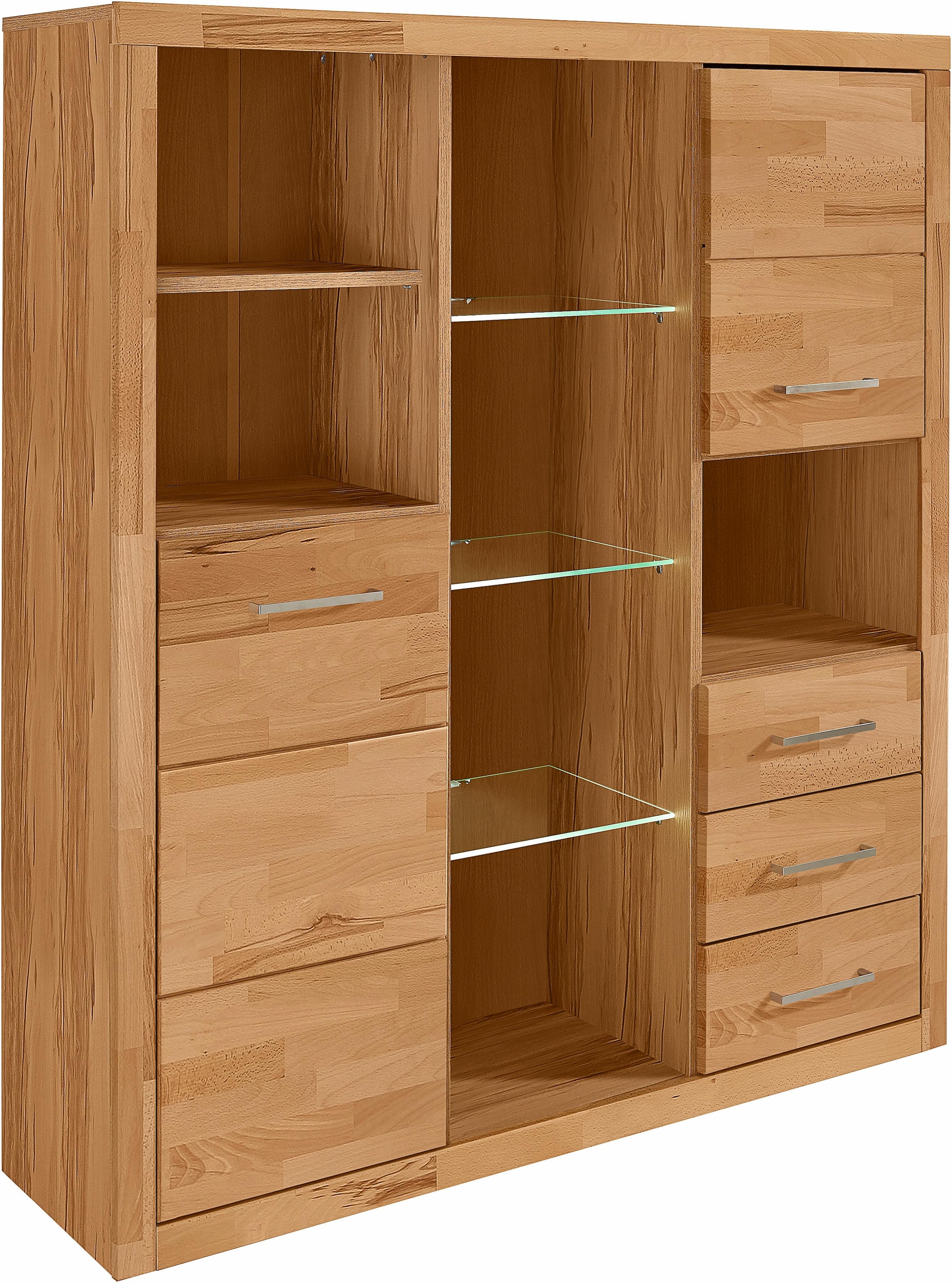 Home affaire Highboard »Ribe,130cm breit145cm hoch,Fronten Massivholz,12 Fächer«, Korpus aus Holzwerkstoff, Metall Griffe,Böden versetzbar