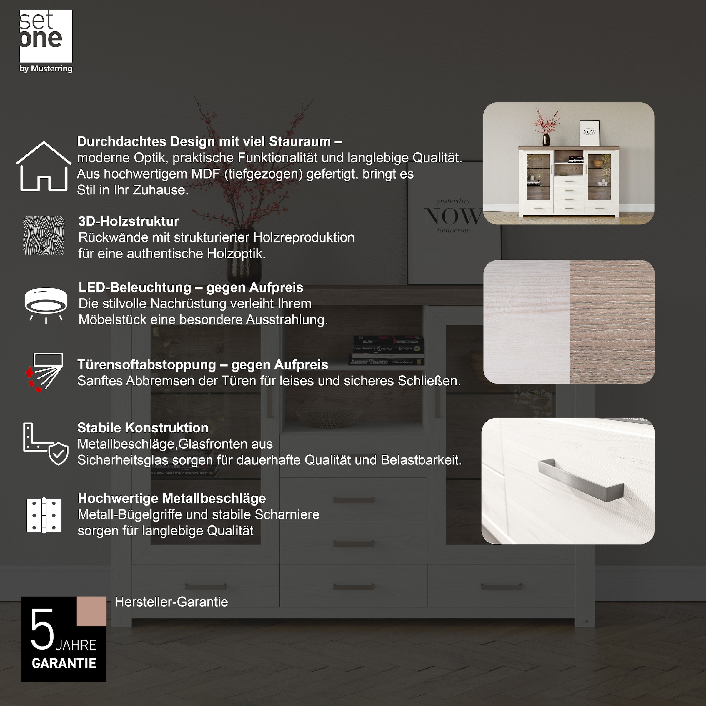 set one by Musterring Highboard »York« Typ 56, mit Glastüren, Beleuchtung optional, B 184 cm