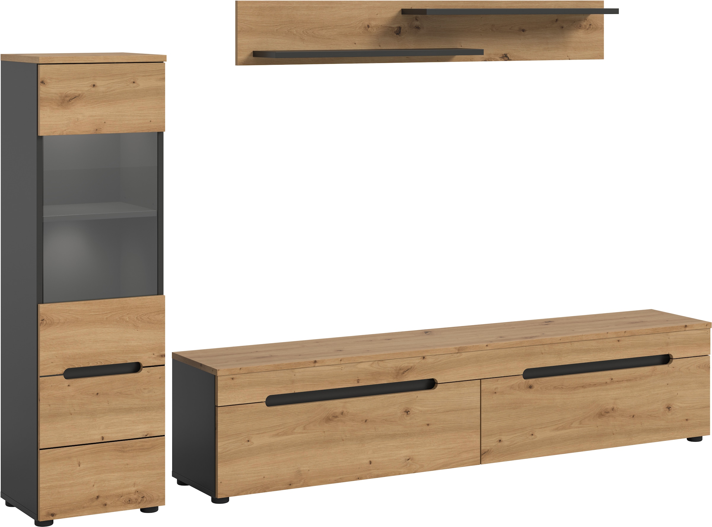 Home affaire Wohnwand »REHAT, TOPSELLER!, 3-teilig, inkl. Beleuchtung, stehend oder hängend« Set bestehend aus: Vitrine inkl. Beleuchtung, Lowboard und Wandboard, 3 Stk. tlg.