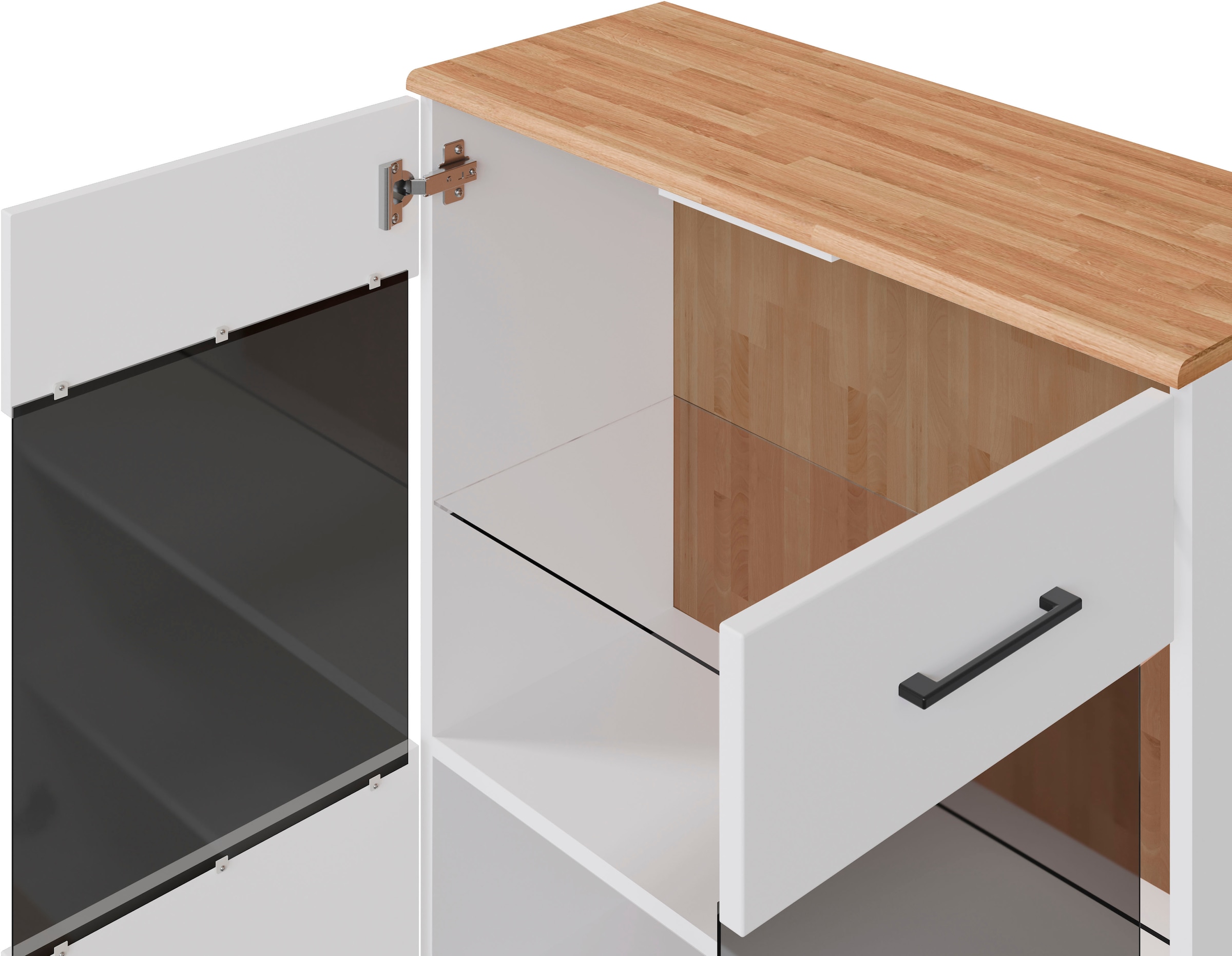 Home affaire Stauraumvitrine »Ribe,125cm hoch,112cm breit,4 breite Fächer«, Oberplatte Eiche massiv,dunkles Glas, schwarze Metall Griffe