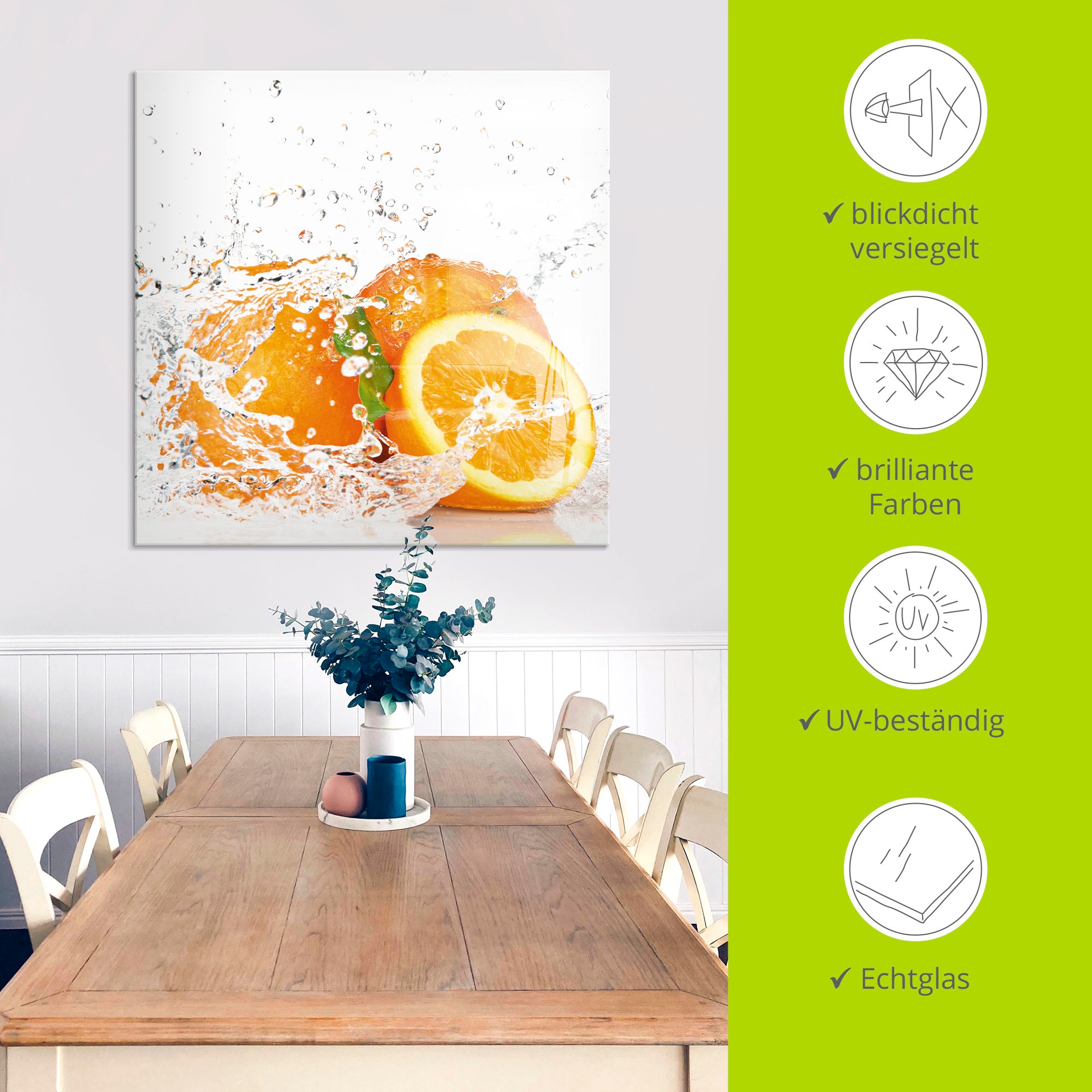 Artland Glasbild »Orange mit Spritzwasser«, Süßspeisen, (1 St.), in verschiedenen Größen