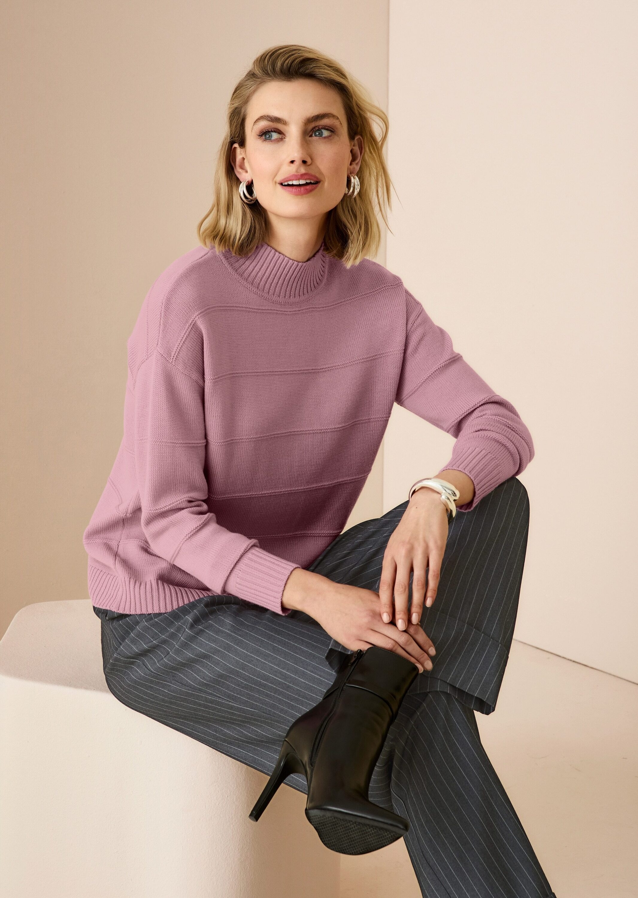 MADELEINE Stehkragenpullover »Strickpullover Eleganter Wollpullover mit Querstruktur« Strukturstrick