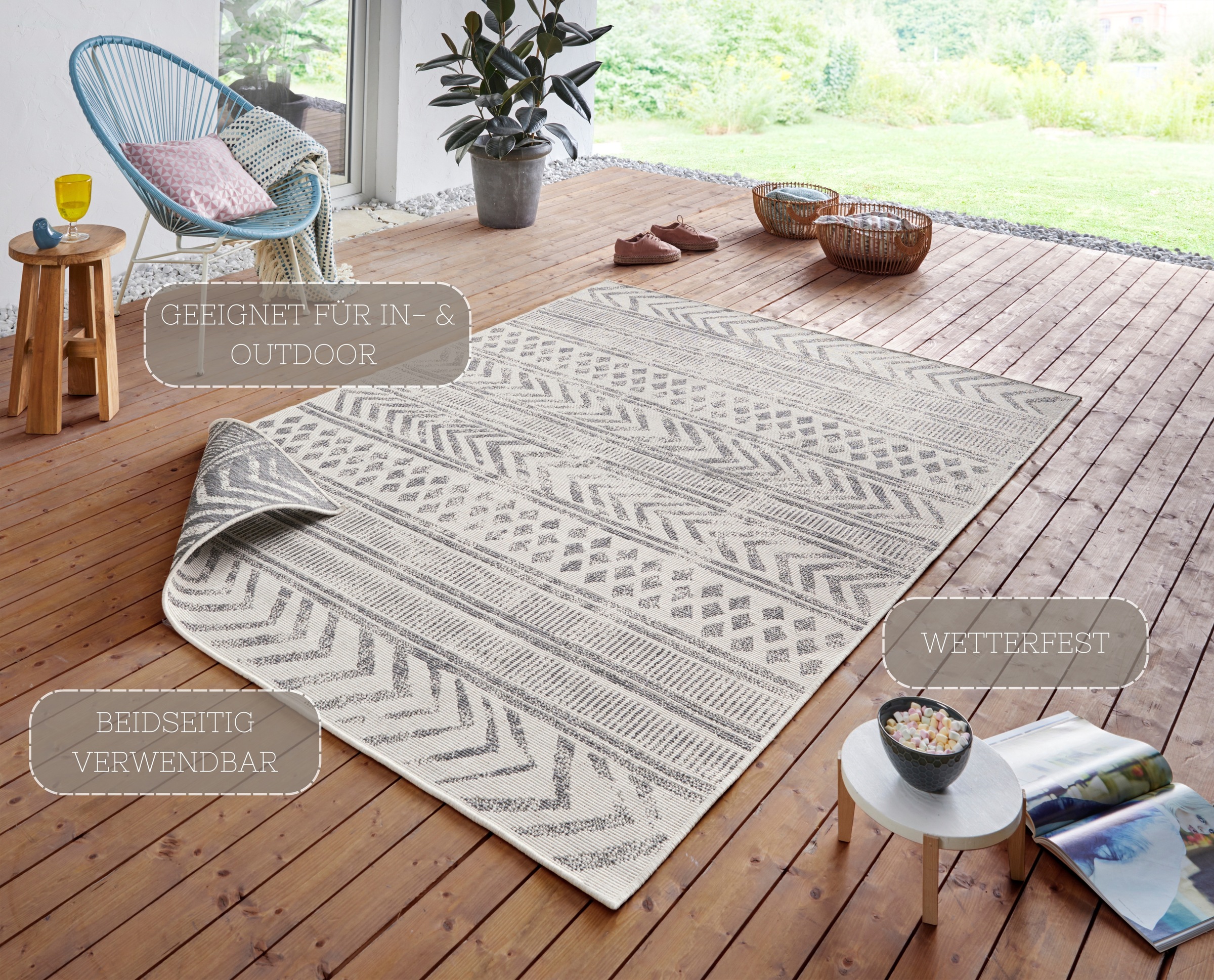 HANSE Home Teppich »BIRI Wendeteppich«, rechteckig, 5 mm Höhe, In-& Outdoor, Wetterfest, Balkon, Läufer, Wohnzimmer, Wasserfest, Boho