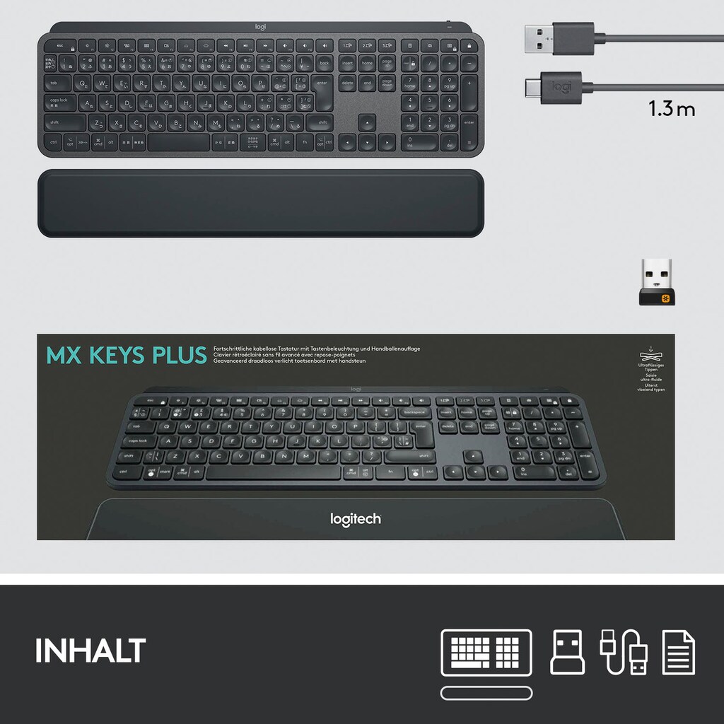 Logitech Tastatur »MX Keys Plus Advanced - GRAPHITE«, (Handgelenkauflage)