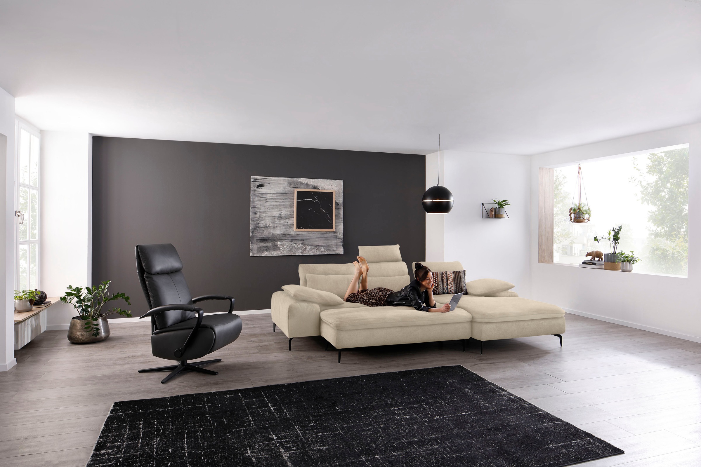 W.SCHILLIG Ecksofa »valentinoo, Designsofa, bequem, elegant und zeitlos, L-Form«, (Set), inklusive Hocker, mit Sitztiefenverstellung, Breite 299 cm