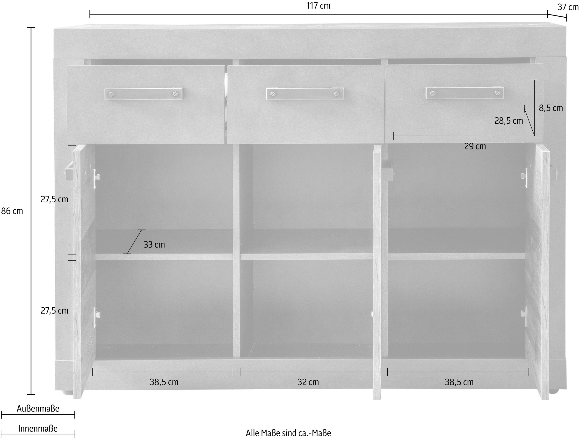 INOSIGN Kommode »Ilana« Kommode mit 3 Türen & 3 Schubladen - (B/T/H) 117/37/86 cm