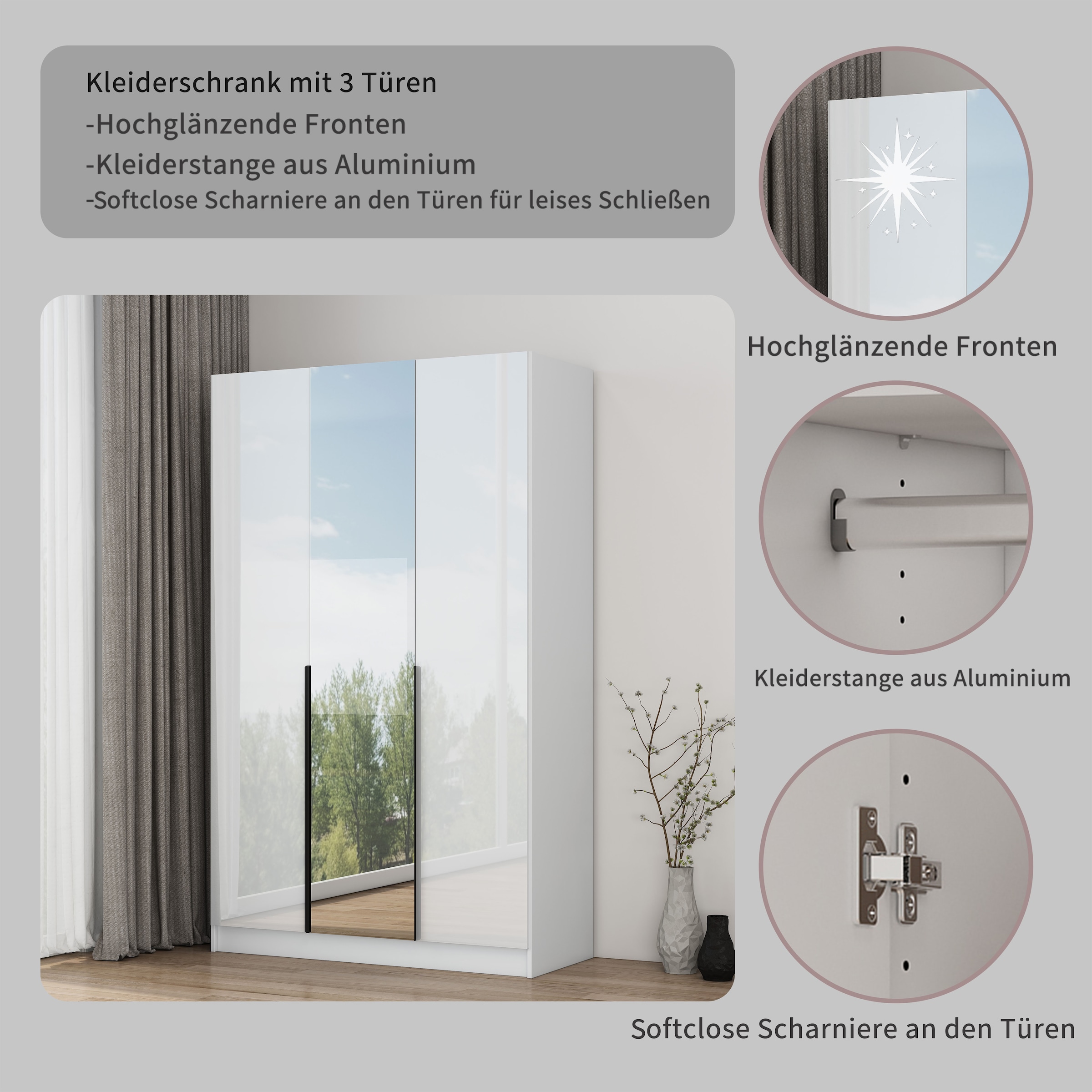 OTTO home Kleiderschrank »Annor Schlafzimmerschrank Breite 122cm hochglanz Schrank Garderobe« Drehtürenschrank mit perfekter Innenausstattung - elegante Türgriffe