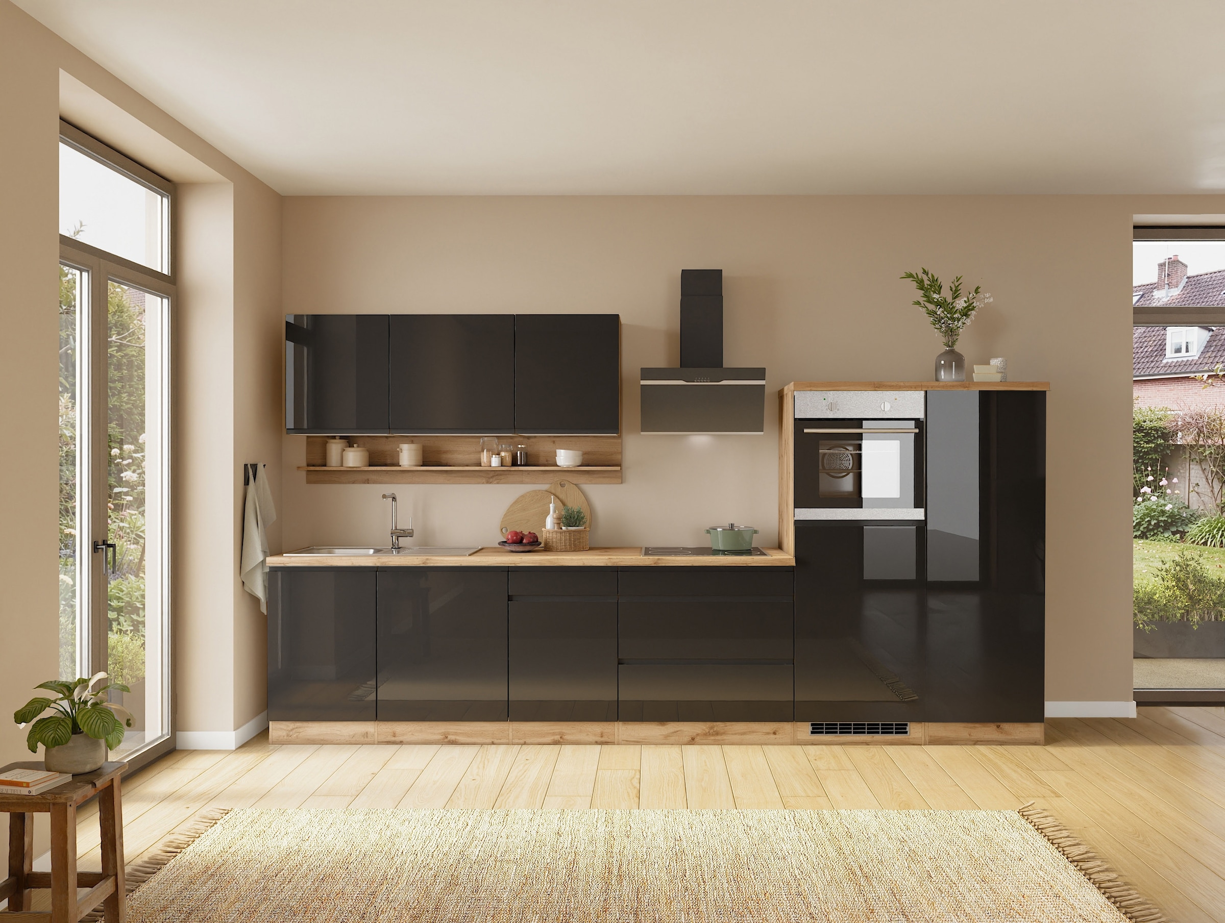 KOCHSTATION Küchenzeile »KS-Virginia,neu in verbesserter Ausführung« Arbeitsplatte 38 mm stark, Stauraum, Softclose,  Breite 350 cm, Soft-Close, ohne E-Geräte