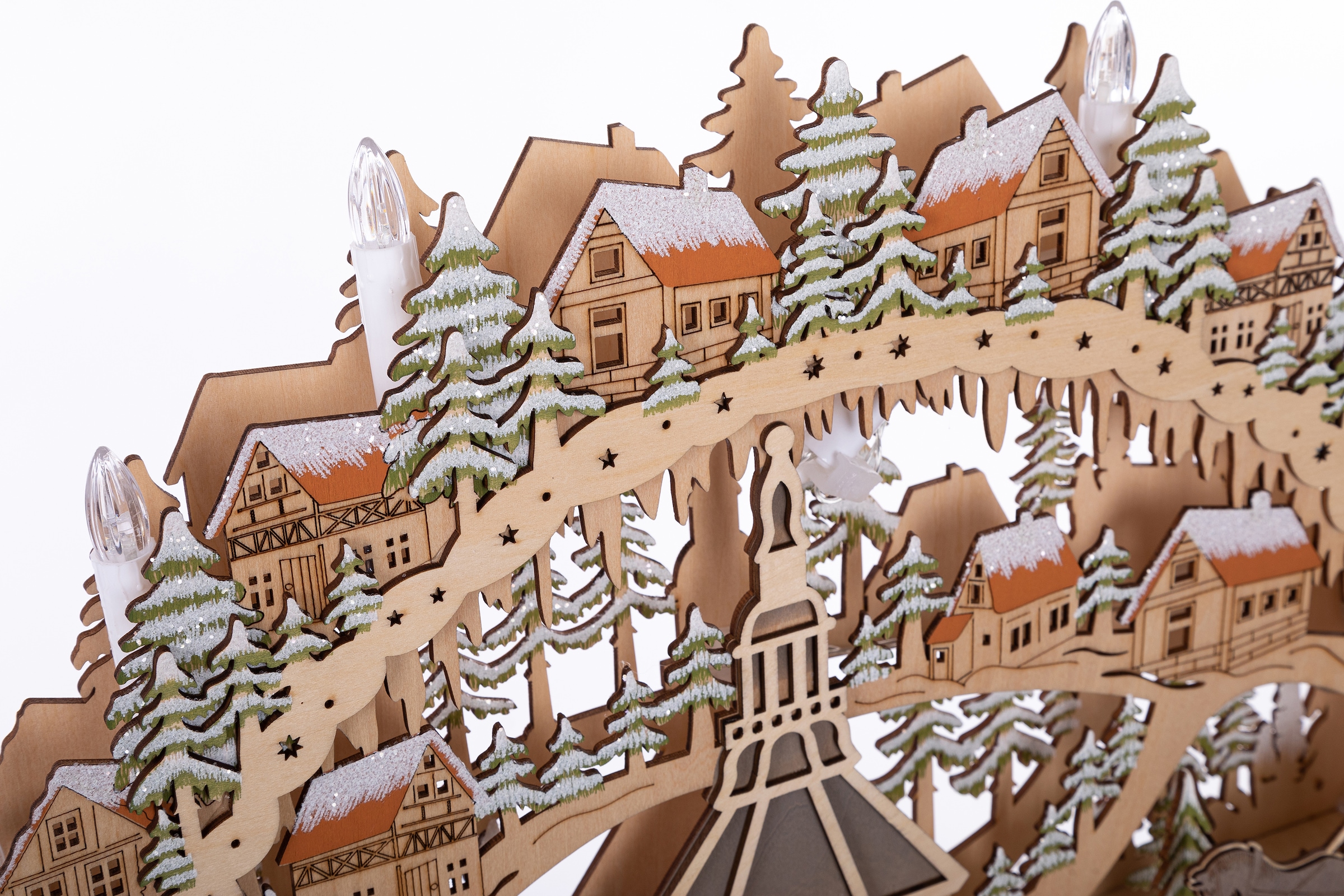 OTTO home LED Schwibbogen »Deniz, mit Musikwerk« 1 Stk. aus Holz mit LED Beleuchtung und bewegender Pyramide, Dorf im Gebirge