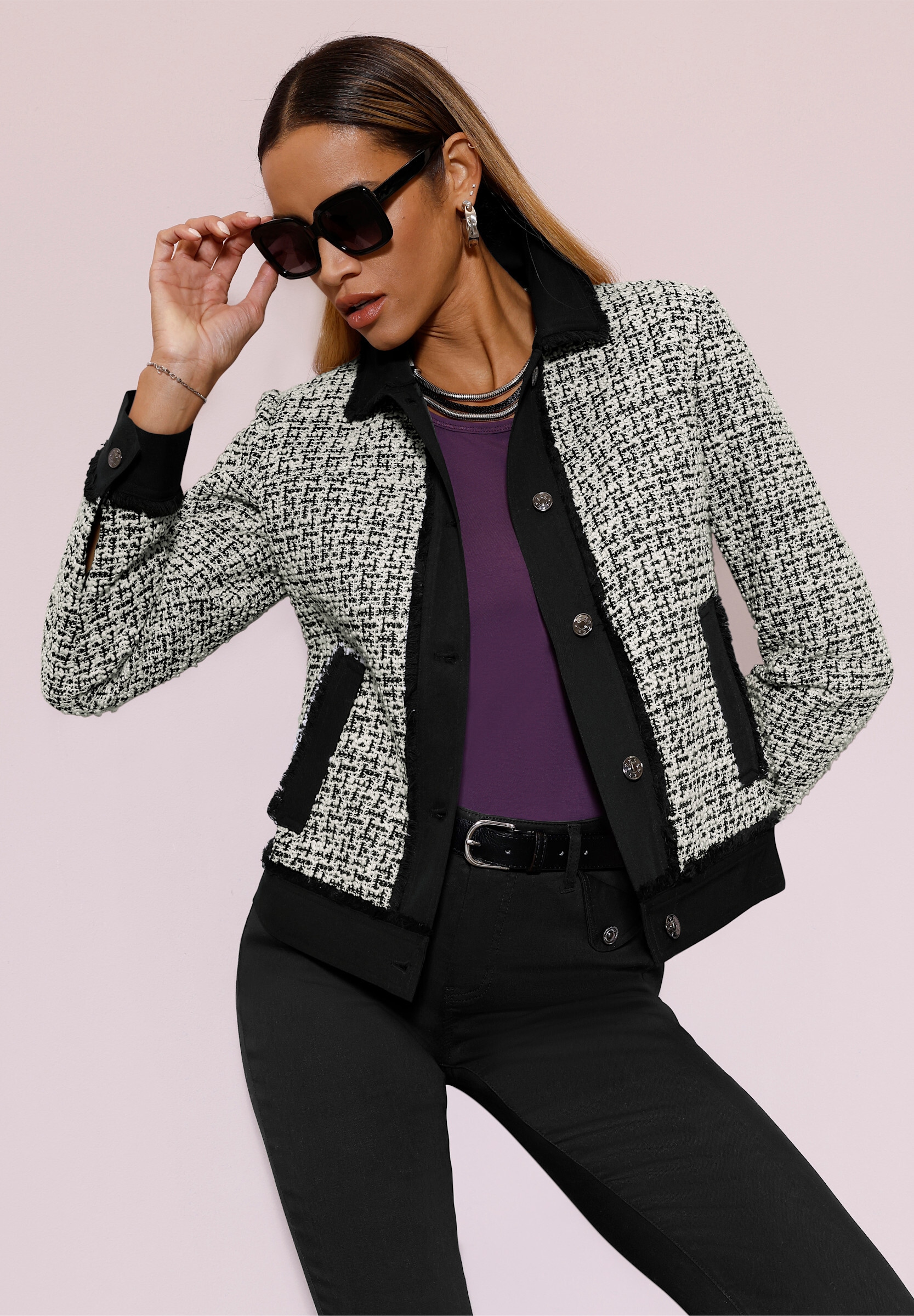 creation L Blusenblazer »Bouclé-Blazer Blazer mit modischen Fransen«