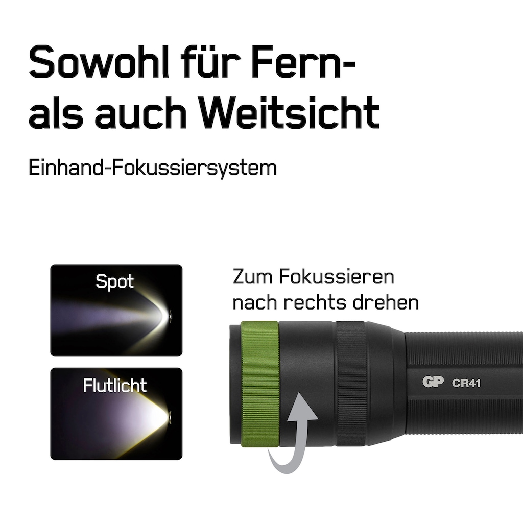 GP Batteries Taschenlampe »GP Discovery CR41 CRE LED Taschenlampe«, 650 Lumen, USB Wiederaufladbar, inkl. 18650 Li-Ion Akku + USB Ladekabel, stufenlos fokussierbar, robustes Metallgehäuse, IPX7, Leuchtzeit 40h, Leuchtweite 135m, 4 Leuchtmodi