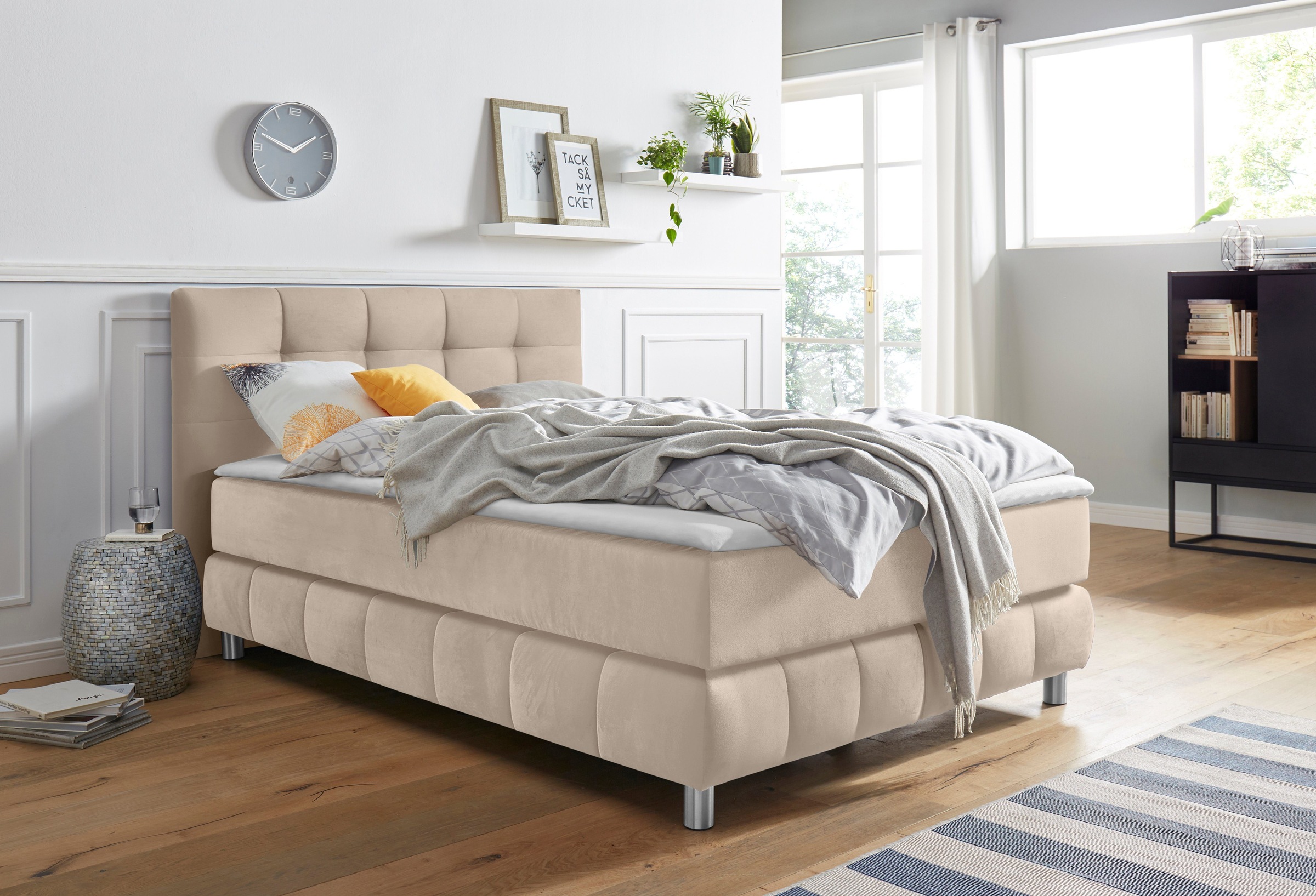 Home affaire, Boxspringbett »Salo XXL« in Samtoptik oder Struktur, 6 Breiten in Überlänge 220cm, 4 Härtegrade, beige, Samtoptik, beige