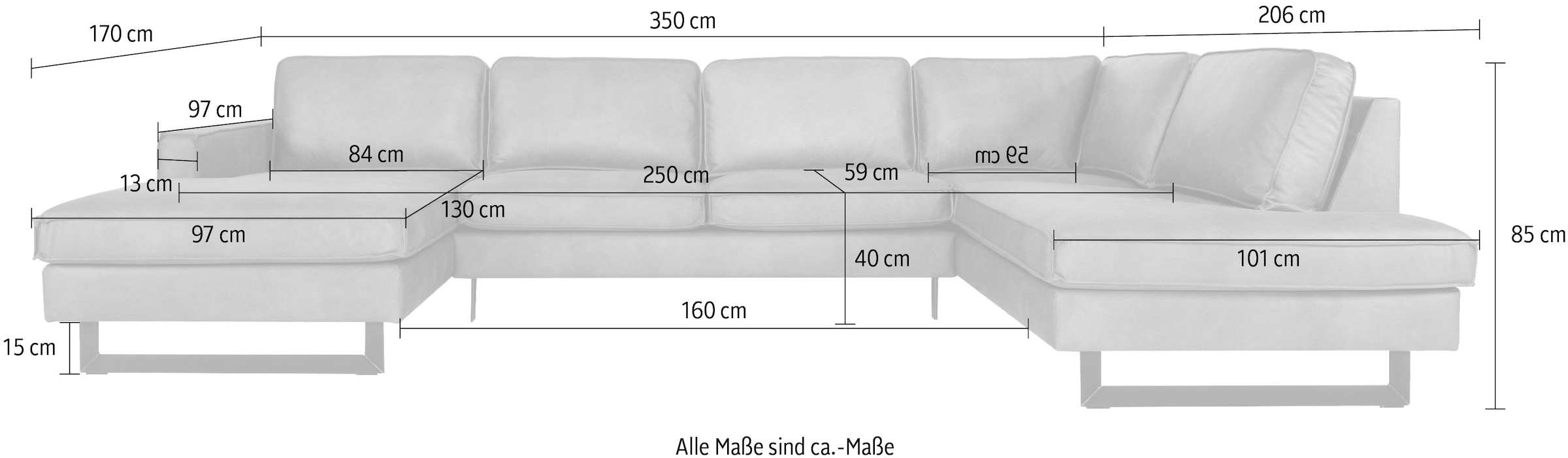 Home affaire Wohnlandschaft »Pinto, 350 cm, U-Form, XXL, mit Ottomanen« Cord, Chenille, Lederoptik, mit Keder, Metallfüße, Wellenunterfederung