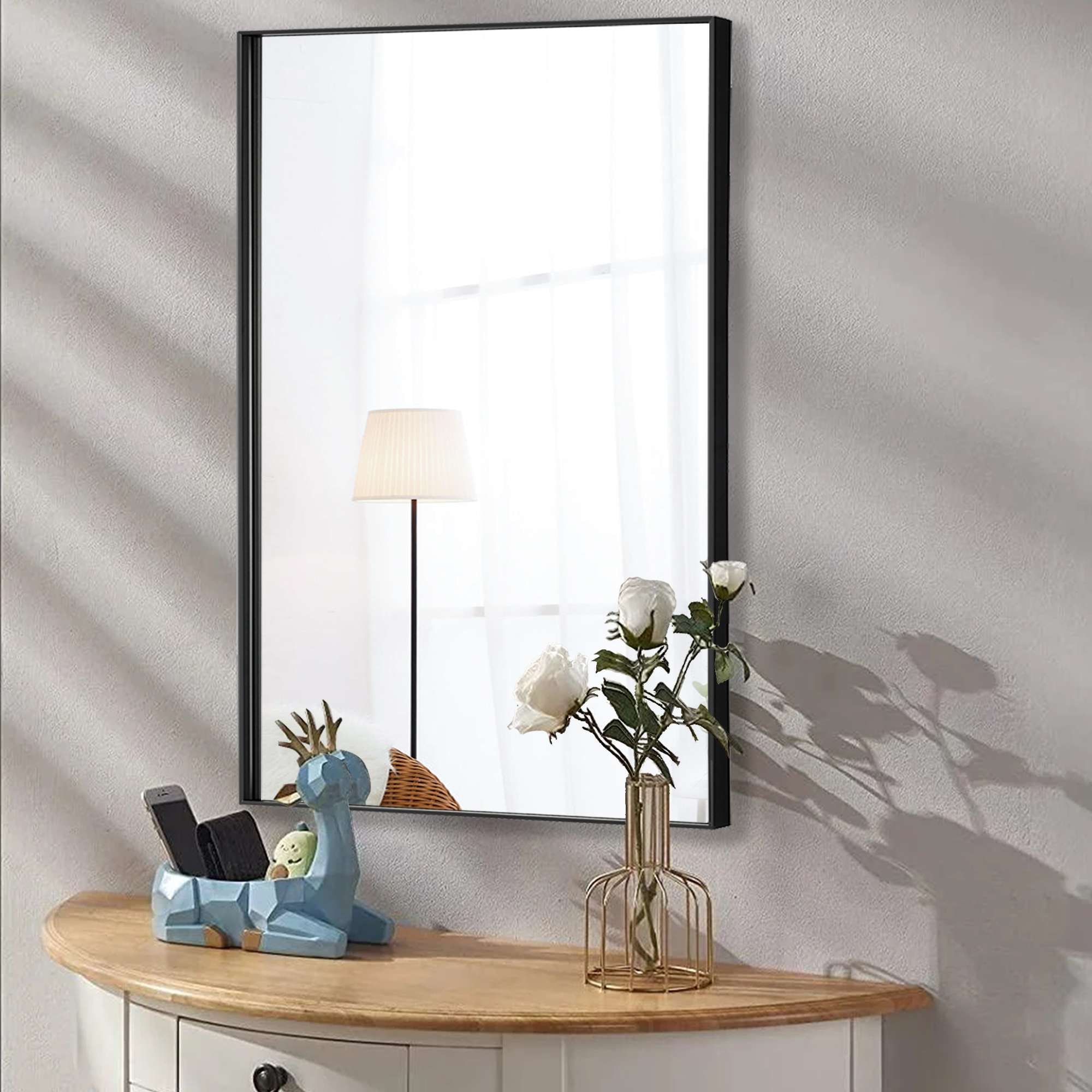 Loevschall Wandspiegel »Rechteckige Spiegel mit schwarzem Alurahmen, wendbar, einfache Montage«, (2 Größen - 51x76 / 61x76 cm, vertikal und horizontal möglich, Schwarz), Spiegel für Schlafzimmer, Wohnzimmer, Garderobe, Flur und Badezimmer