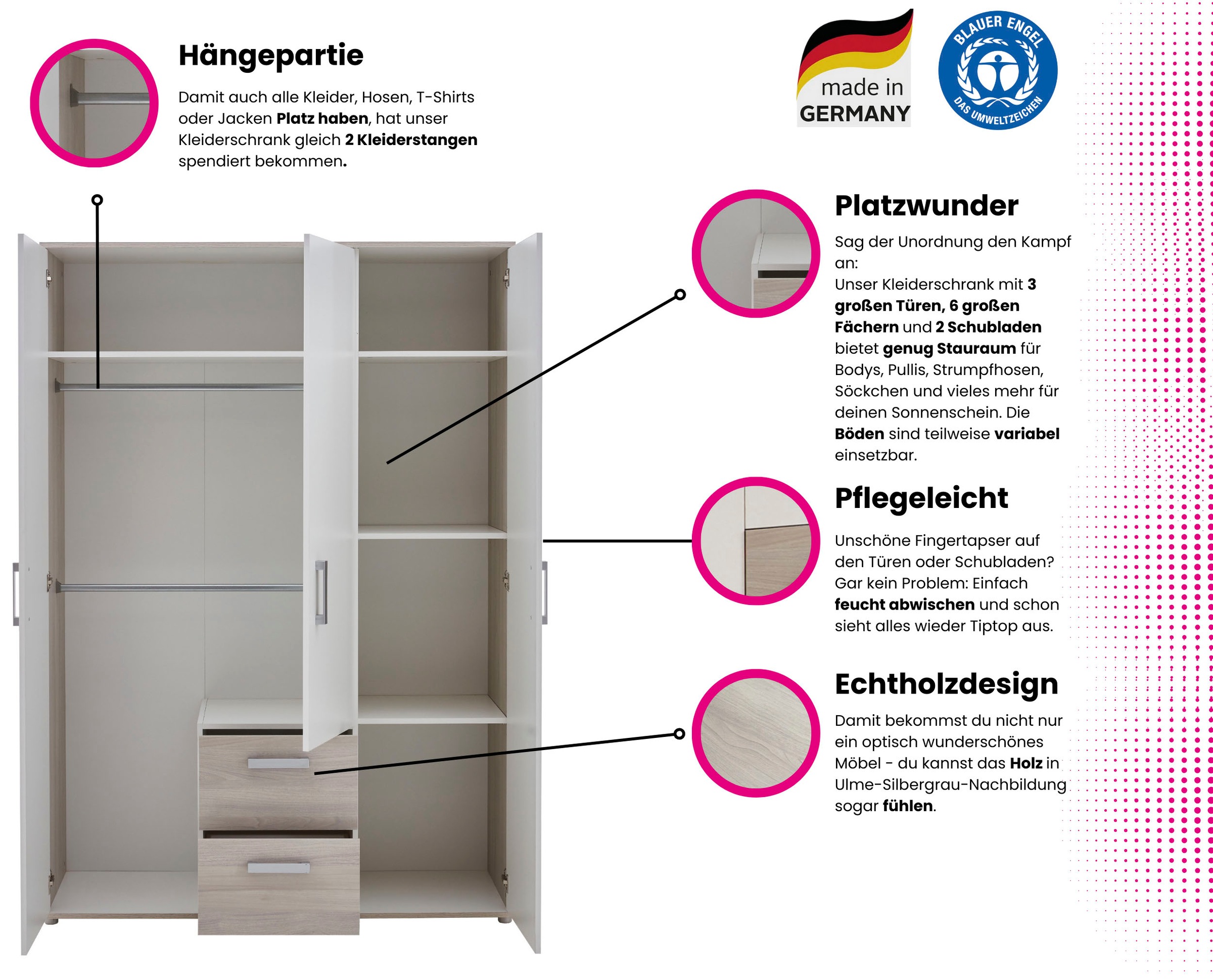 Home affaire Kleiderschrank »Geert, Kinderkleiderschrank« 2 Kleiderstangen, verstellbare Einlegeböden, mit zwei Schubkästen