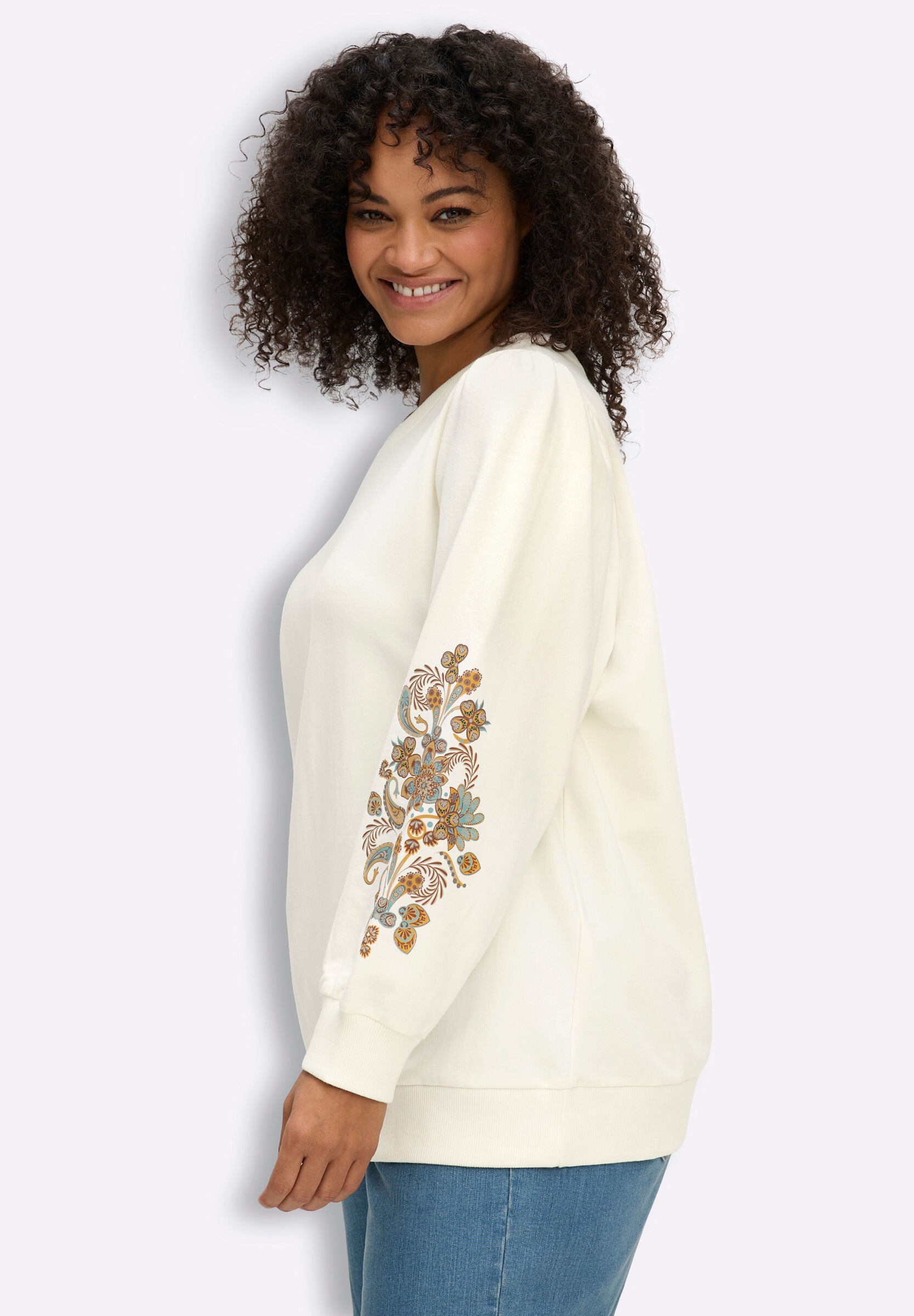 Sheego Sweatshirt »Sweatshirt Sweatshirt mit Blumenprint am Ärmel«
