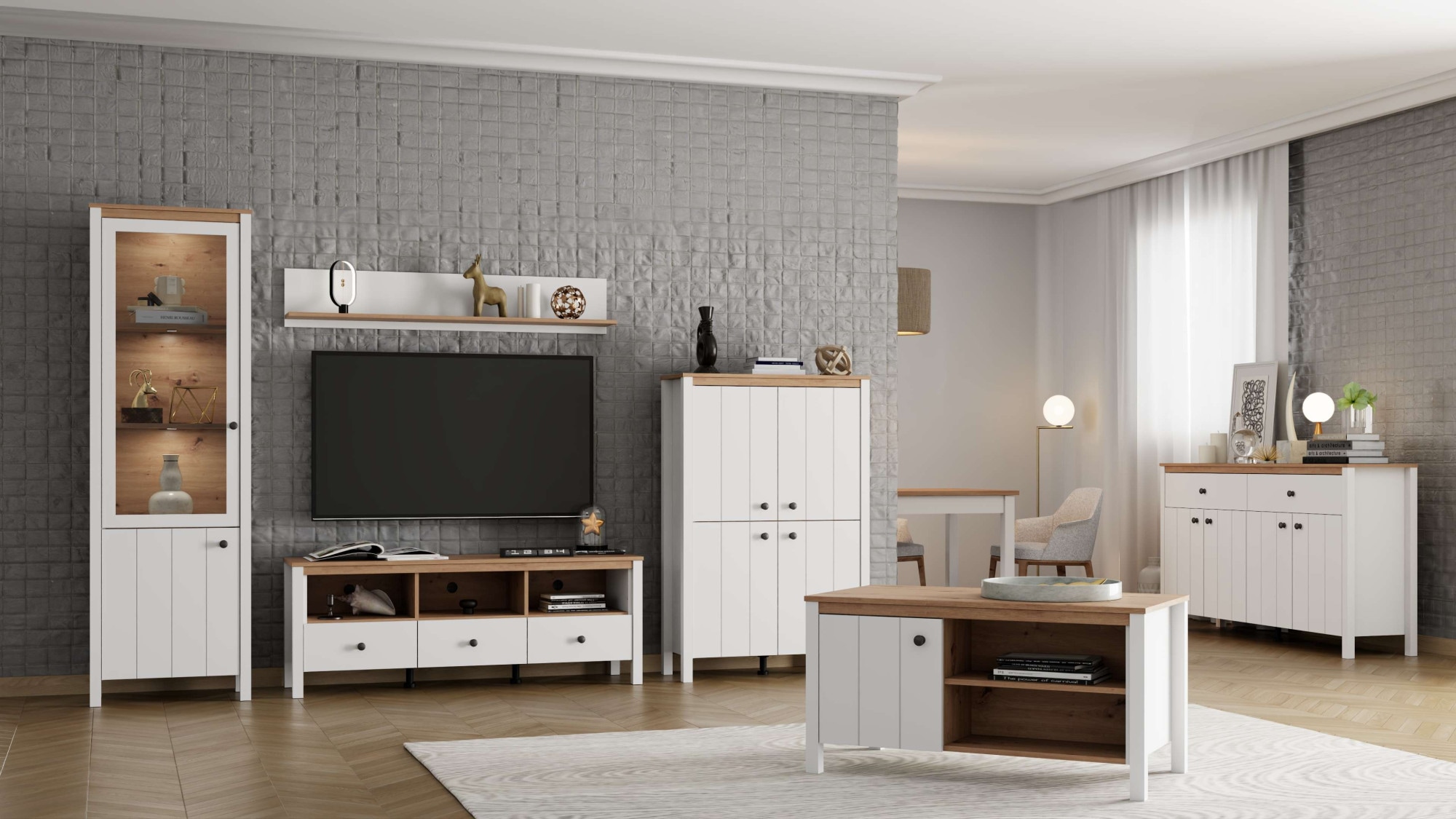 Home affaire Vitrine »BEDFORD Vitrinenschrank, Glasschrank, Standvitrine, Highboard« MDF-Profil 2D ummantelt, 2 Türen & 4 Einlegeböden mit Metallgriffen