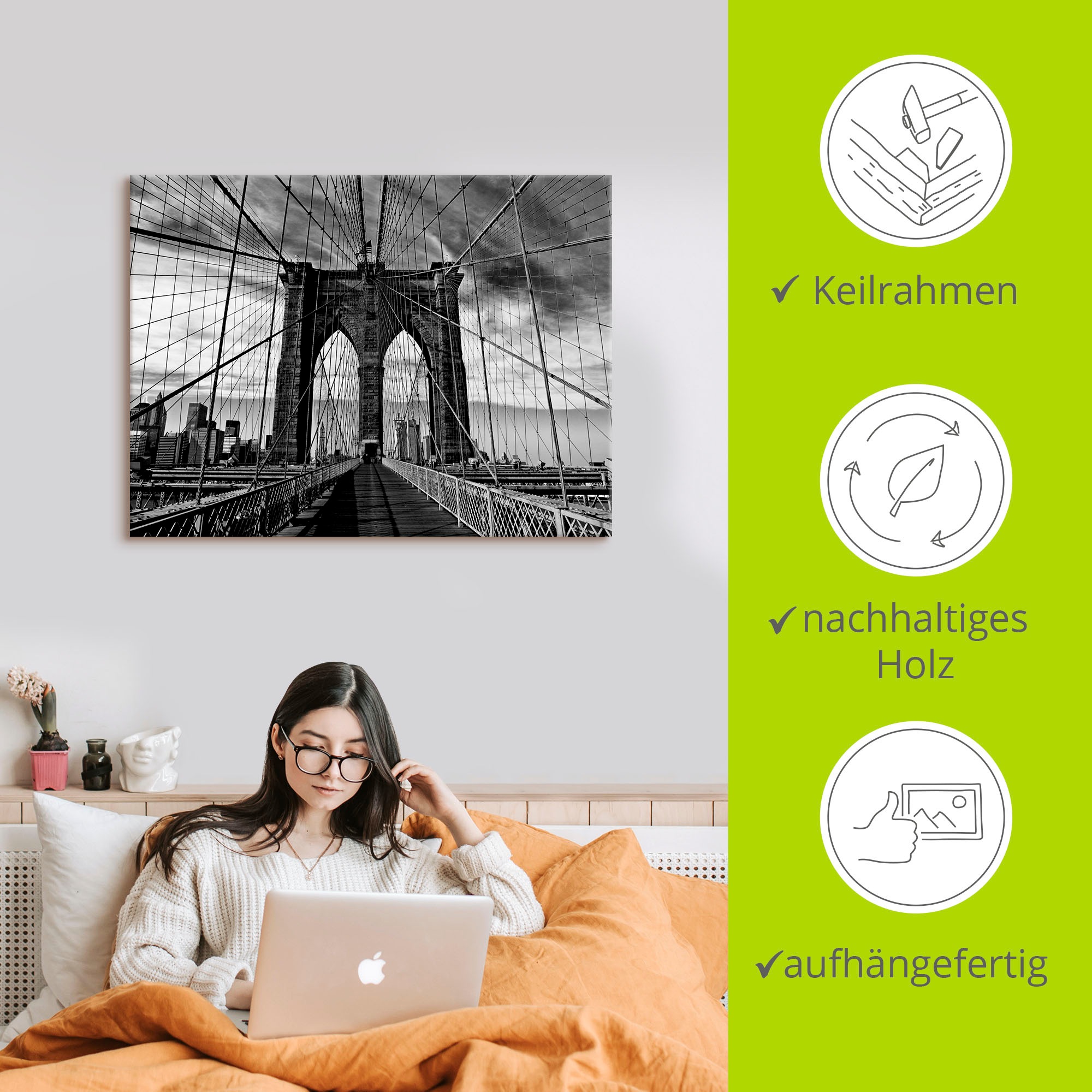 Artland Wandbild »Brooklyn Bridge - schwarz/weiss«, Brücken, (1 St.), als Alubild, Outdoorbild, Leinwandbild, Poster in verschied. Größen