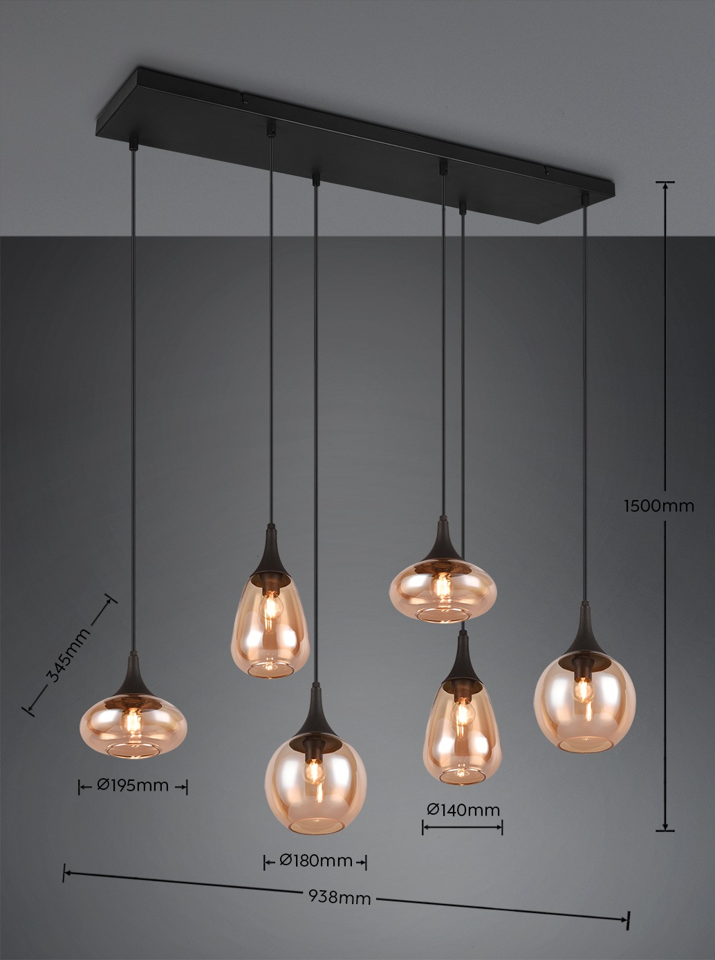 TRIO Leuchten Pendelleuchte »Lumina, E14 Hängelampe 6-flammig Glasschirme in 3 Formen amberfarbig« E14 1 Stk. warmweiß - kaltweiß exkl 6x E14 max 40W, Hängeleuchte höhenverstellbar bis max 150 cm