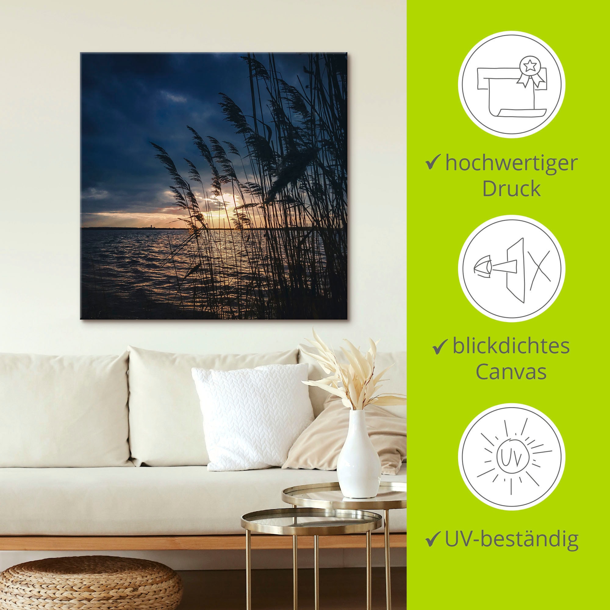 Artland Alu-Dibond-Druck »Sonnenuntergang mit Schilf am See«, Seebilder, (1 St.), für Innen- und Außenbereich geeignet, Outdoorbild