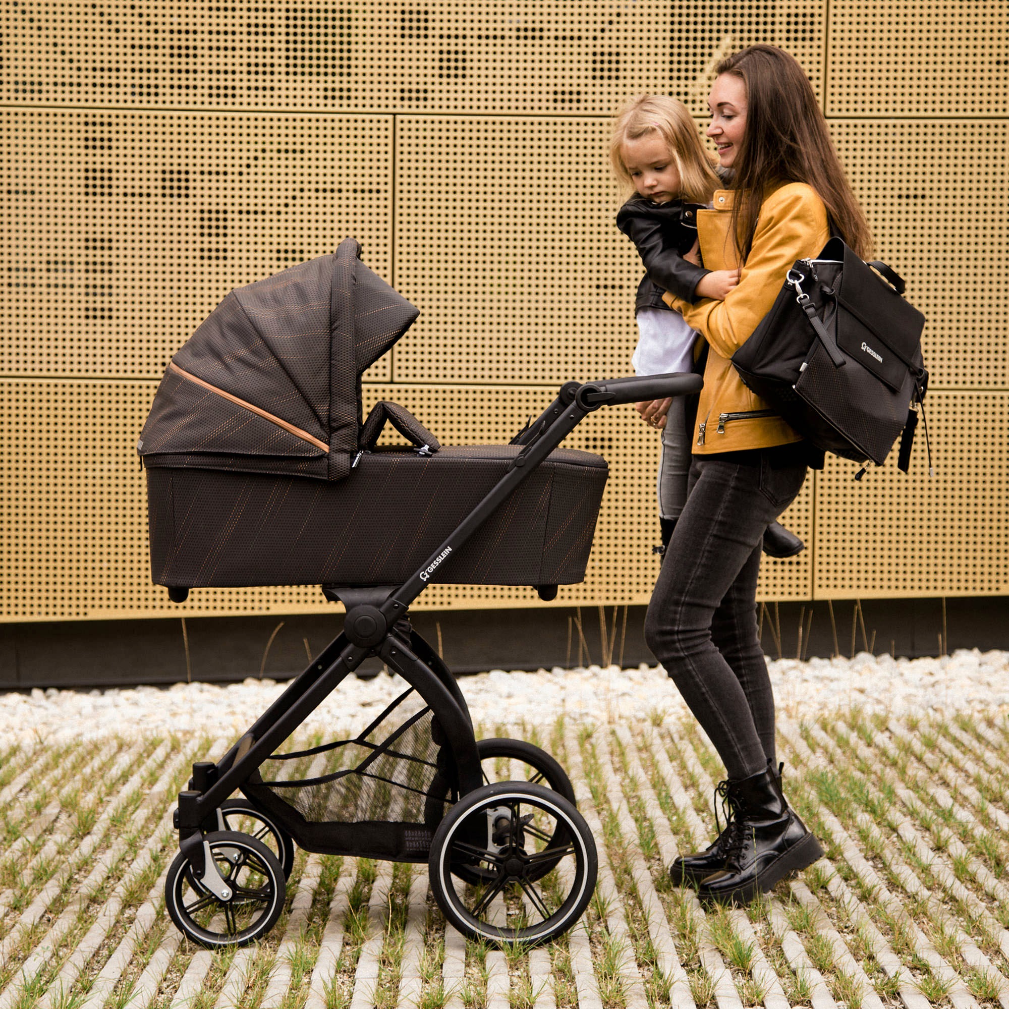Gesslein Kombi-Kinderwagen »FX4 Soft+ mit Aufsatz Swing schwarz, schwarz/kupfer«, mit Babywanne C3 und Babyschalenadapter