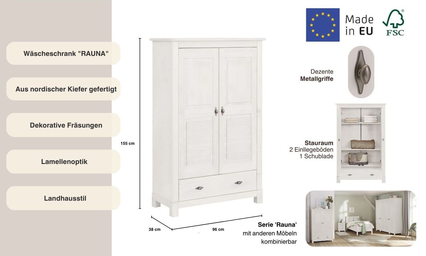 Home affaire Wäscheschrank »Rauna«, (B/H/T ca. 96/155/38 cm), aus massiver Kiefer, 2-türig, 96cm breit