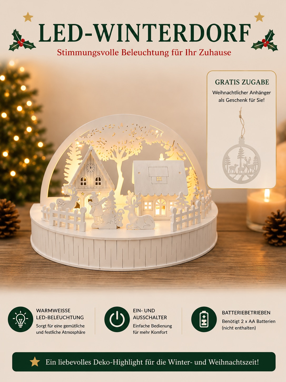 OTTO home Weihnachtsdorf »Weihnachtsszene mit LED-Licht« Holz, weißes Dorf mit Häusern und Rentieren