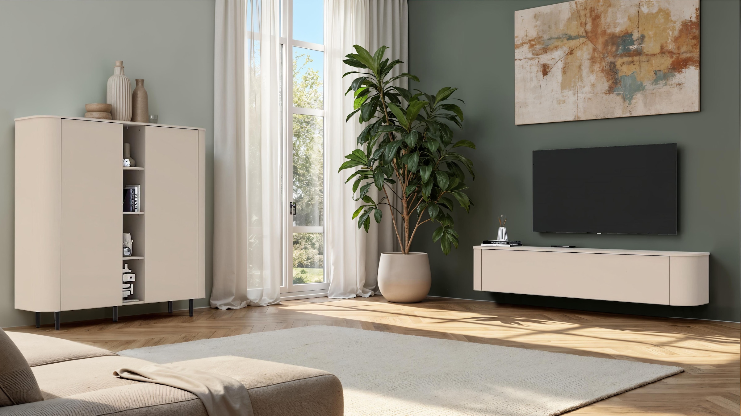 INOSIGN Highboard »Lido, B/H 150/154 cm, 2 Türen, 4 offene Fächer, Stauraumschrank« Formgebogenes MDF, Stirnseiten mit Rundung, Push-to-open, Metallfüße