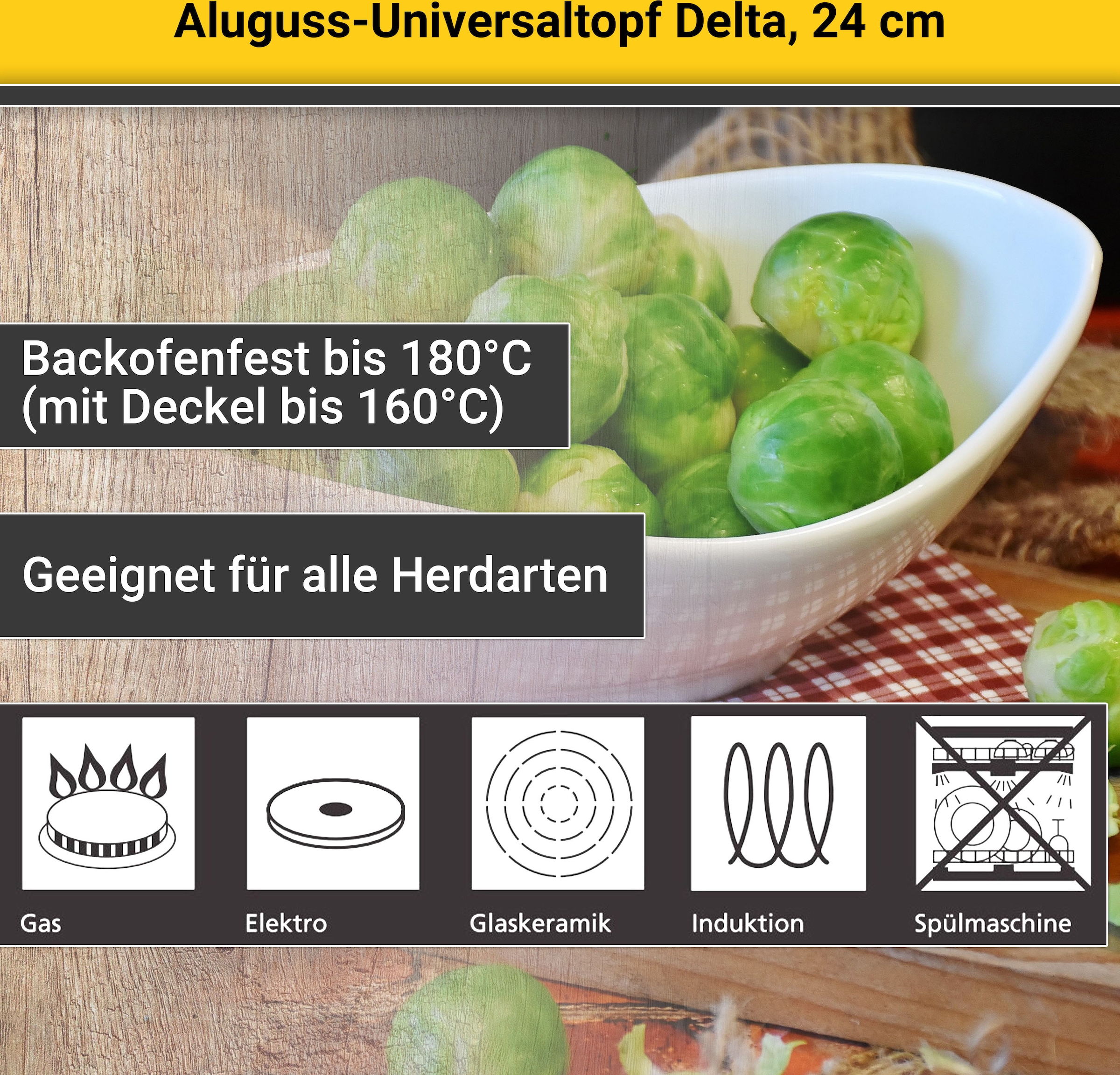 Krüger Kochtopf »Aluguss Universaltopf mit Glasdeckel DELTA, 24 cm«, Aluminiumguss, (1 tlg.), für Induktions-Kochfelder geeignet
