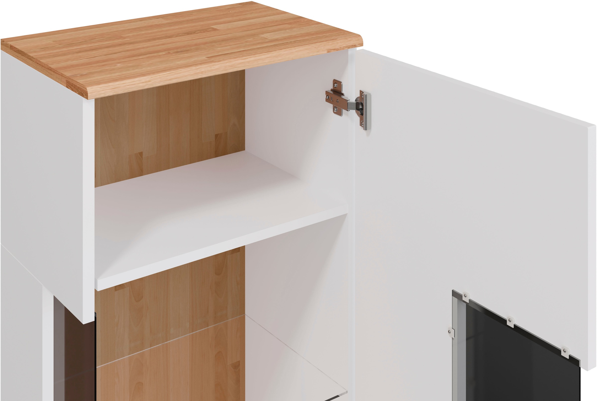 Home affaire Vitrine »Ribe,125cm hoch,4 Fächer,1Glasboden variabel einsetzbar«, Oberplatte Eiche massiv,dunkles Glas, schwarze Metall Griffe