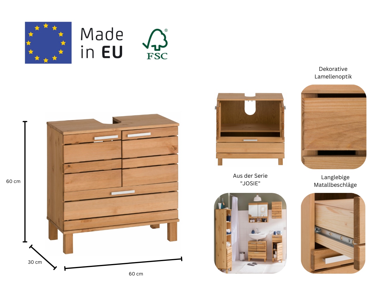 Home affaire Waschbeckenunterschrank »JOSIE«, Breite 60, aus Massivholz, Metallgriffe, 1 Schublade & 2 Türen