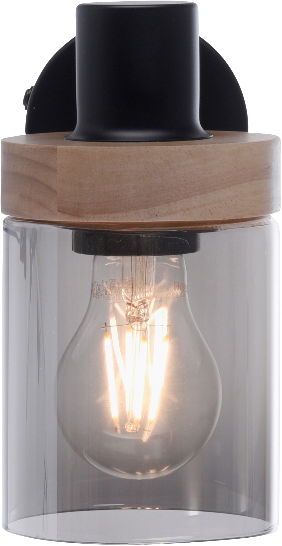 Home affaire Wandleuchte »Tendon«, 1 flammig, Leuchtmittel E27 | ohne Leuchtmittel, Wandlampe, Glas, Holz, Rauchglas, geeignet für Leuchtmittel - E27