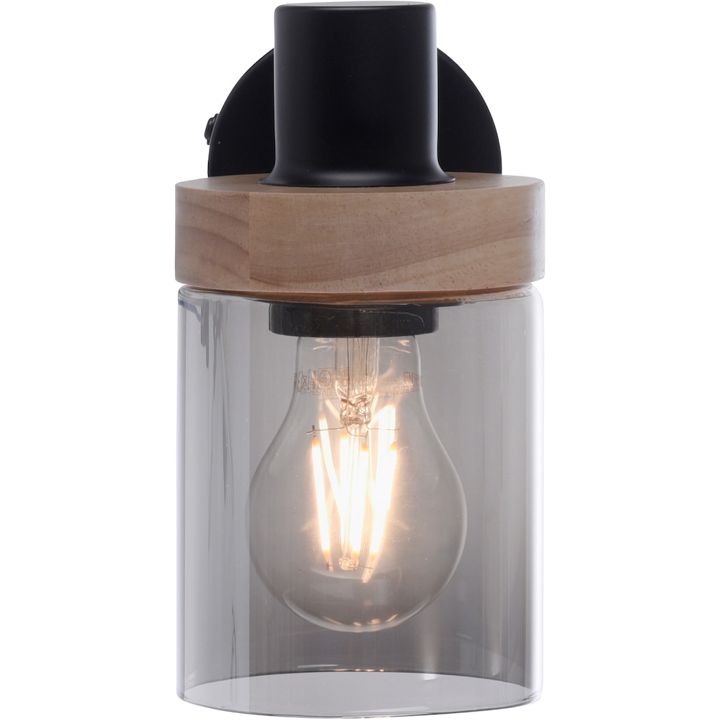 Home affaire Wandleuchte »Tendon«, 1 flammig-flammig, Wandlampe, Glas, Holz, Rauchglas, geeignet für Leuchtmittel - E27