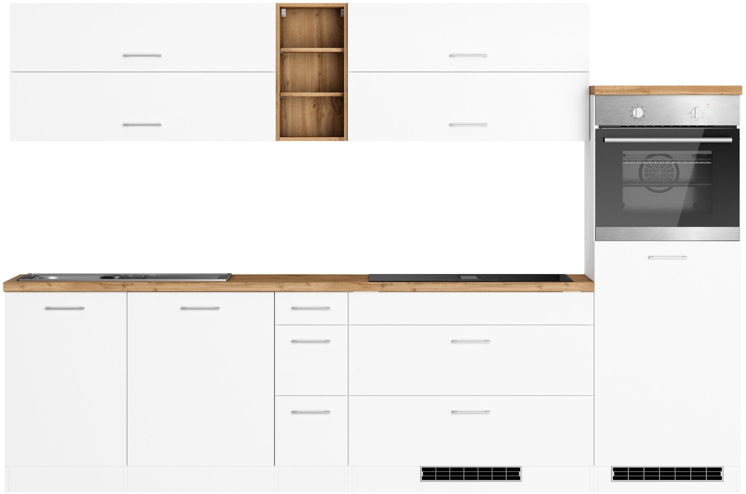 KOCHSTATION Küchenzeile »KS-Milan, optional mit Muldenlüfter« Breite 300 cm, wahlweise mit E-Geräten, Kochfeld mit Dunstabzug