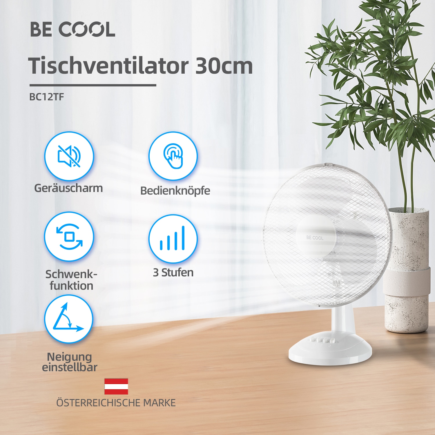 be cool Tischventilator »Tischventilator 30cm BC12TF weiß« einfache Bedienung