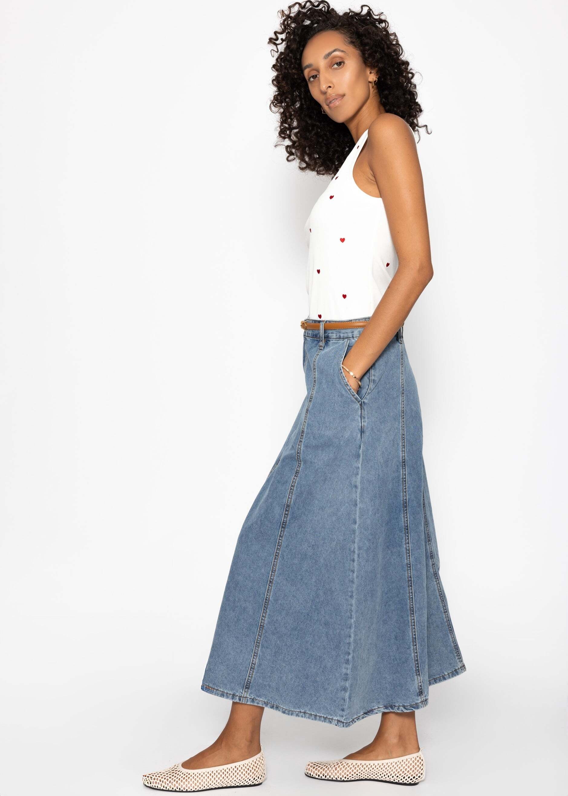SASSYCLASSY Jeansrock »Midi Jeans Rock mit Teilungsnähten« Midi Rock Damen aus Baumwolle mit Teilungsnähten Blau