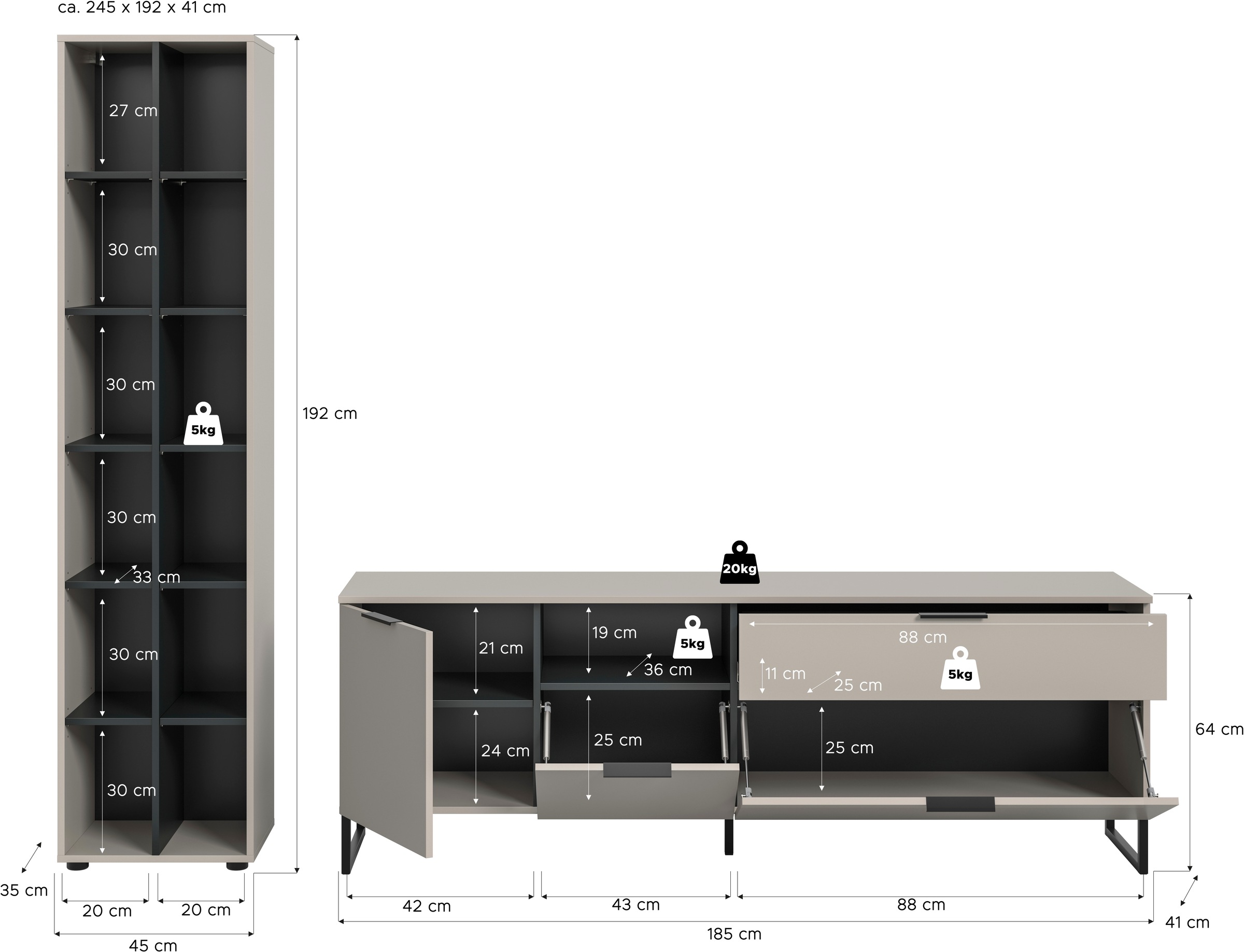 Home affaire Wohnwand »ADIO, Breite 245 cm, 2-teiliges Set, mit Metall-Kufenfüße« Set, bestehend aus: Standregal und Lowboard, 2 Stk. tlg.