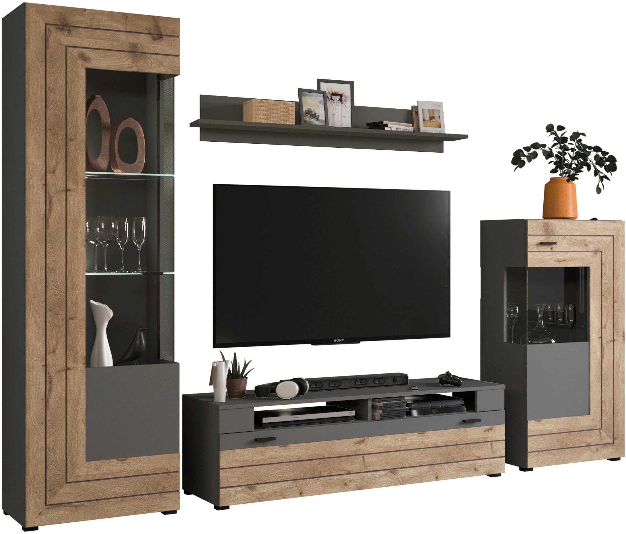 INOSIGN Wohnwand »Aalborg, Breite 290cm, 2-farbig,Metallgriffe, 4-teilig, bestehend aus:«, (4 St.), 1x Vitrine, 1x Lowboard, 1x Wandboard und 1x Stauraumschrank