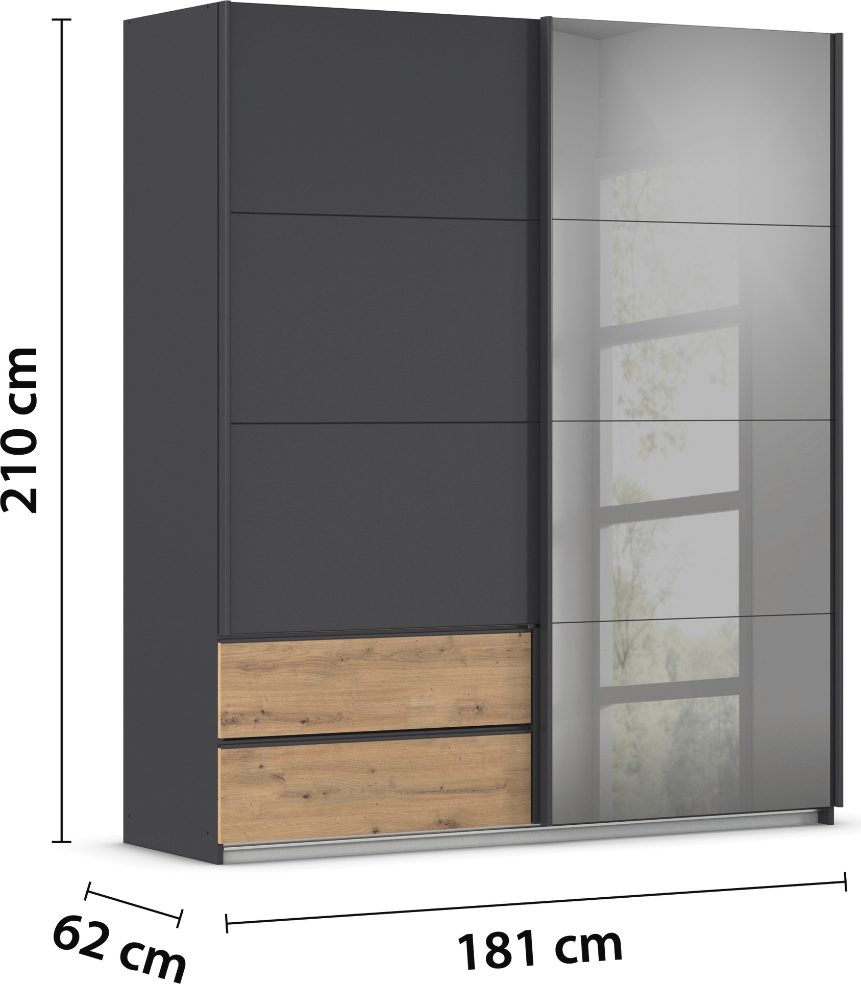 rauch Schwebetürenschrank »Kleiderschrank Schrank Garderobe ELARA Glastür/Grauspiegel«, praktische Schubladen optional farblich abgesetzt MADE IN GERMANY