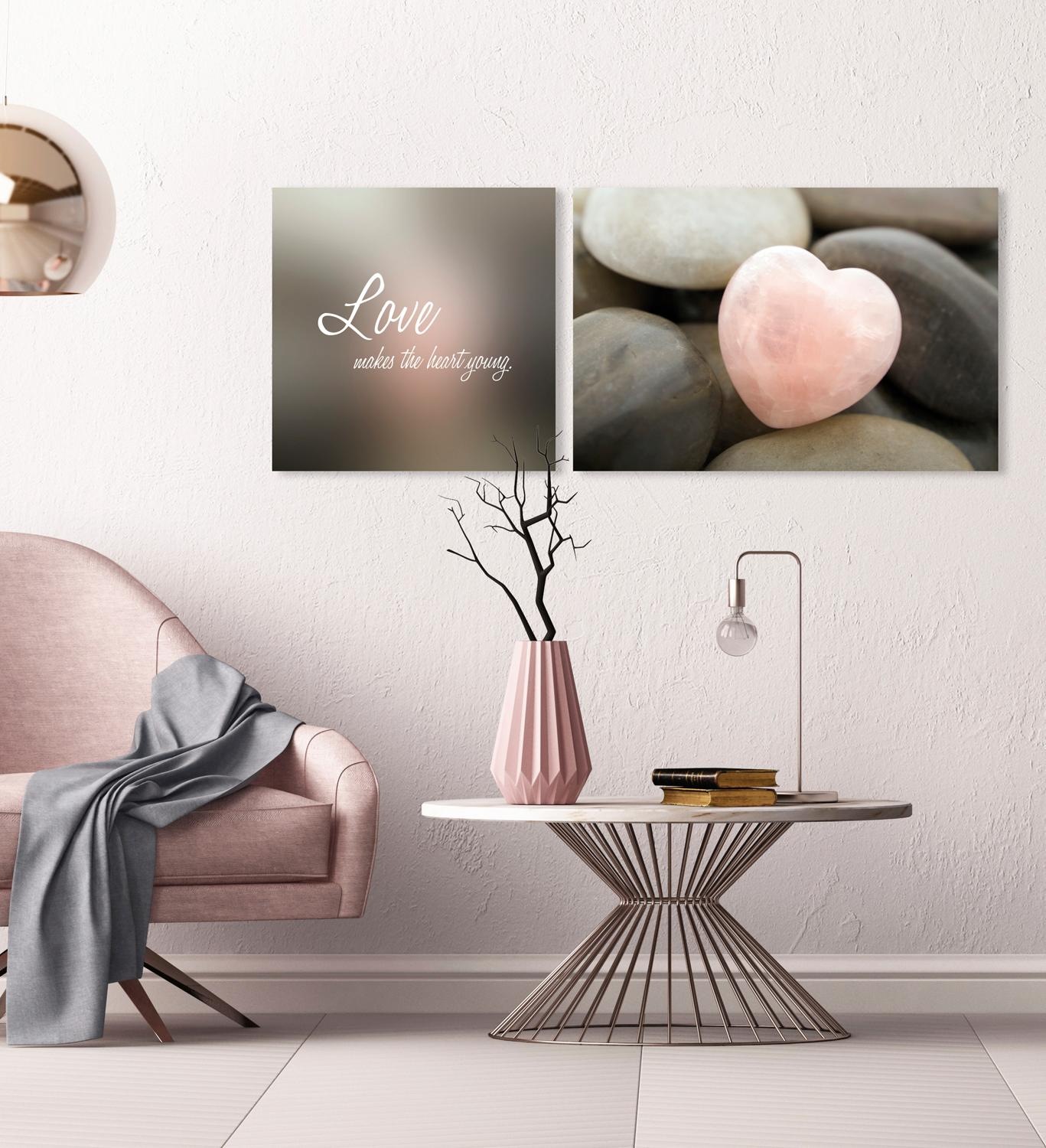 queence Leinwandbild »Love«, Herz-Herzbilder-Kunst-Modern-Spa-Spa Bilder-Sprüche-Sprüche & Texte-Schriftzug-Schriftzüge-Stein, (Set), Premium-Leinwandstoff, Handarbeit aus Deutschland, Spruch, 2er Set
